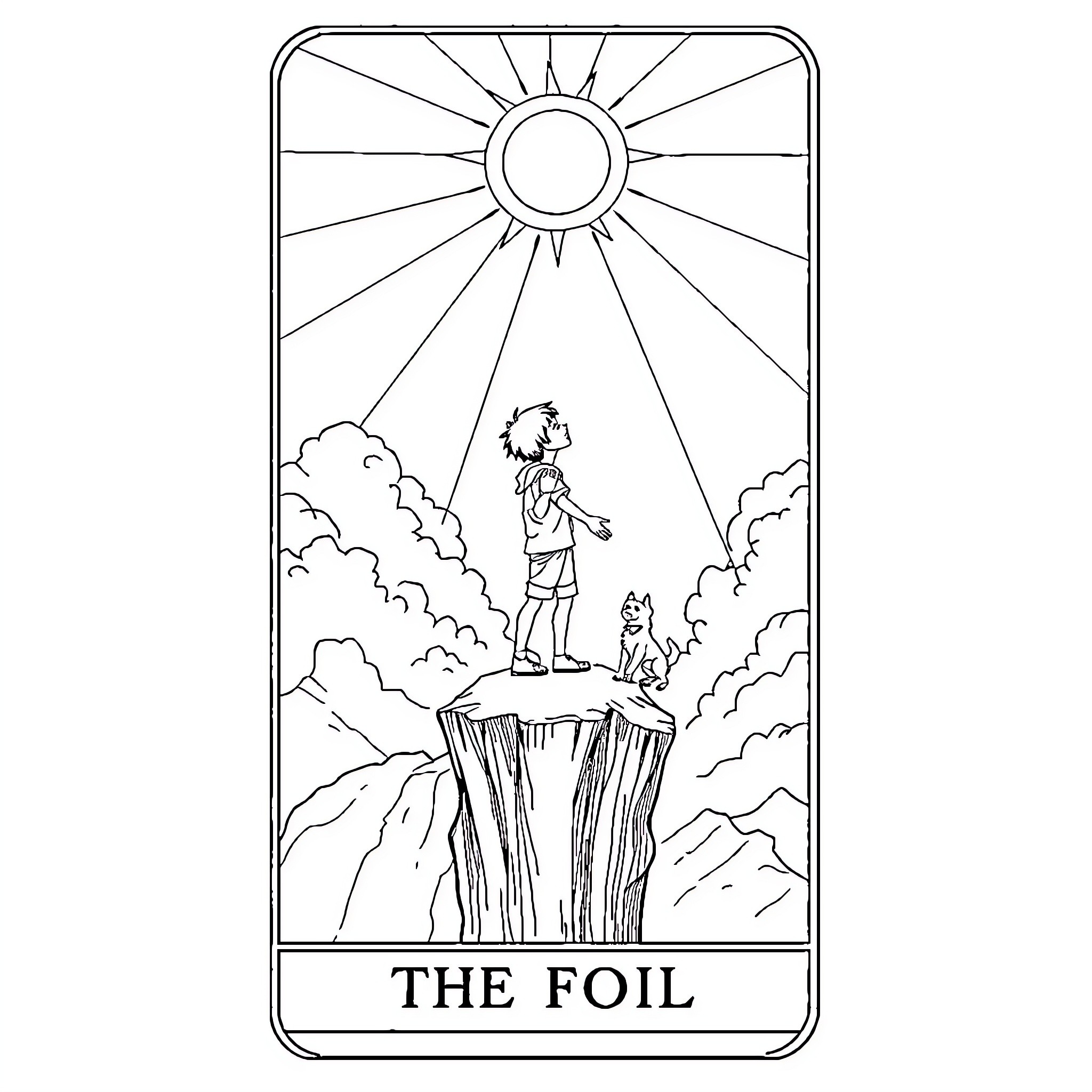 Fool stands on cliff admiring the sun Coloring Page (free black-and-white line drawing printable PDF for all, from beginners to advanced learners, including children, teens, adults, and seniors)