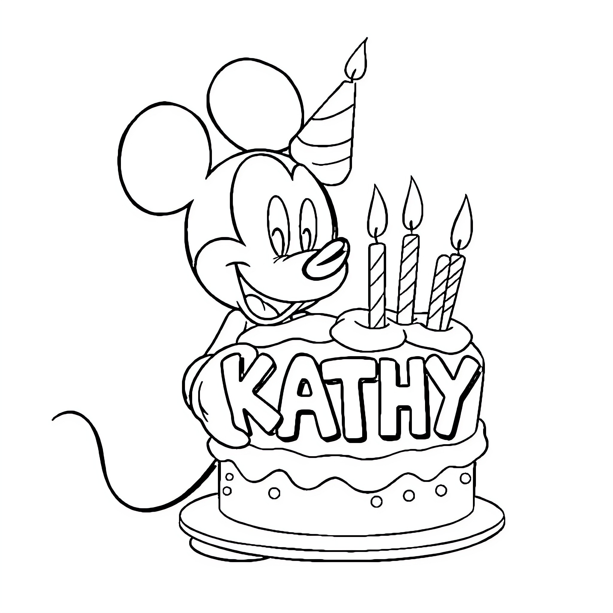 Mickey Mouse celebrating Kathy's birthday with cake Coloring Page (free black-and-white line drawing printable PDF for all, from beginners to advanced learners, including children, teens, adults, and seniors)