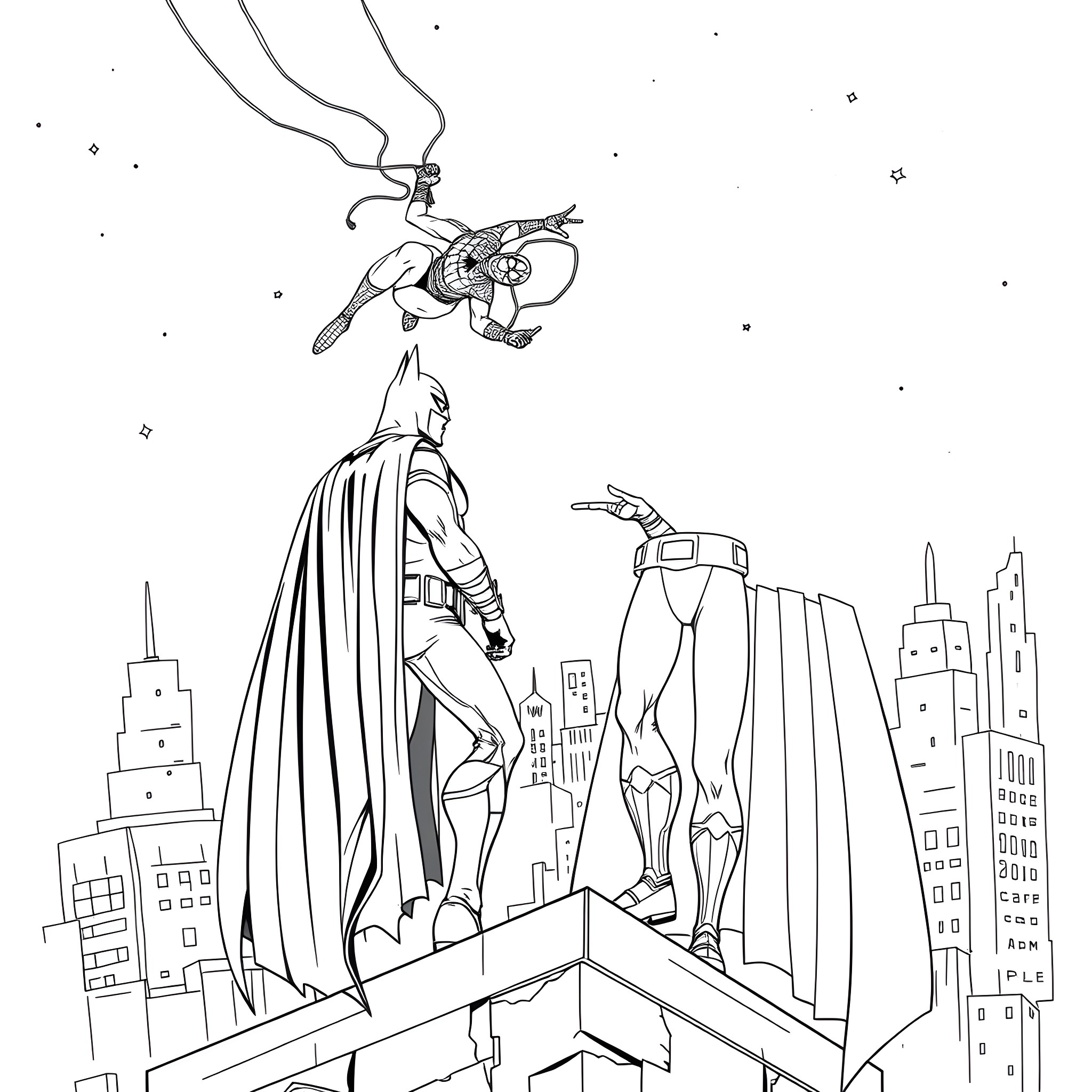 Batman and Superhero Duo in Dramatic City Skyline Coloring Page (free black-and-white line drawing printable PDF for all, from beginners to advanced learners, including children, teens, adults, and seniors)