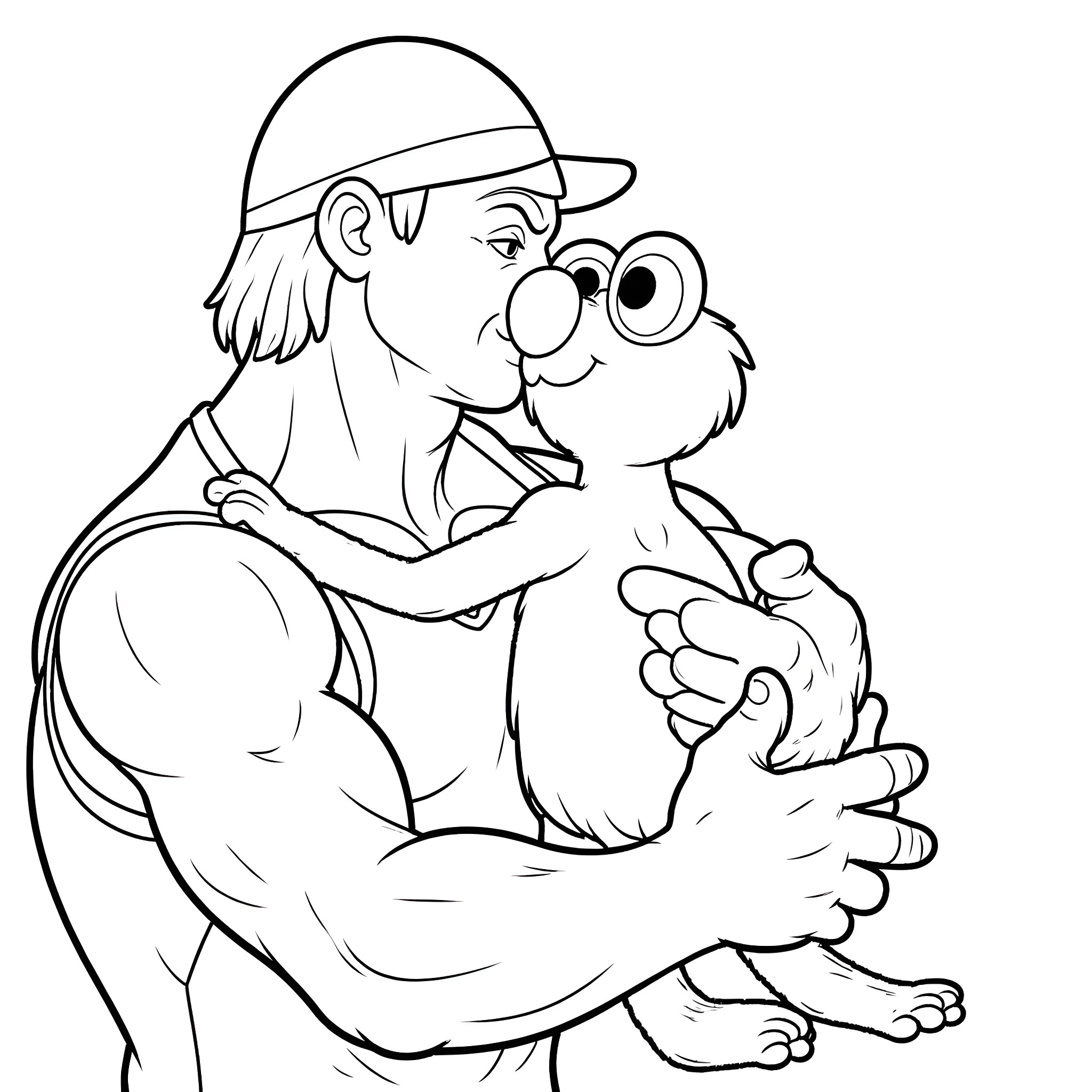 Hulk Hogan posing with a large puppet character Coloring Page (free black-and-white line drawing printable PDF for all, from beginners to advanced learners, including children, teens, adults, and seniors)