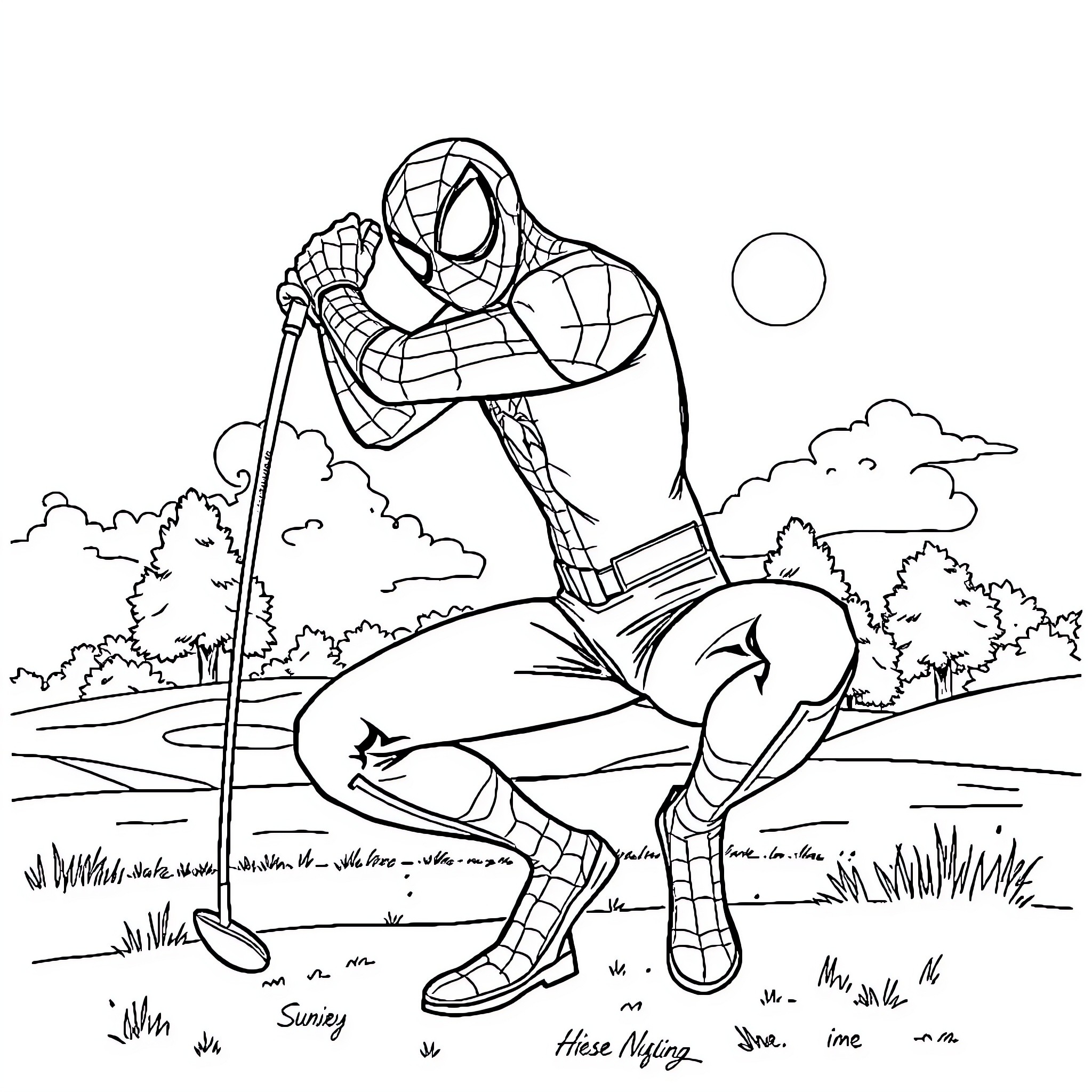 Spiderman swinging through the park Coloring Page (free black-and-white line drawing printable PDF for all, from beginners to advanced learners, including children, teens, adults, and seniors)