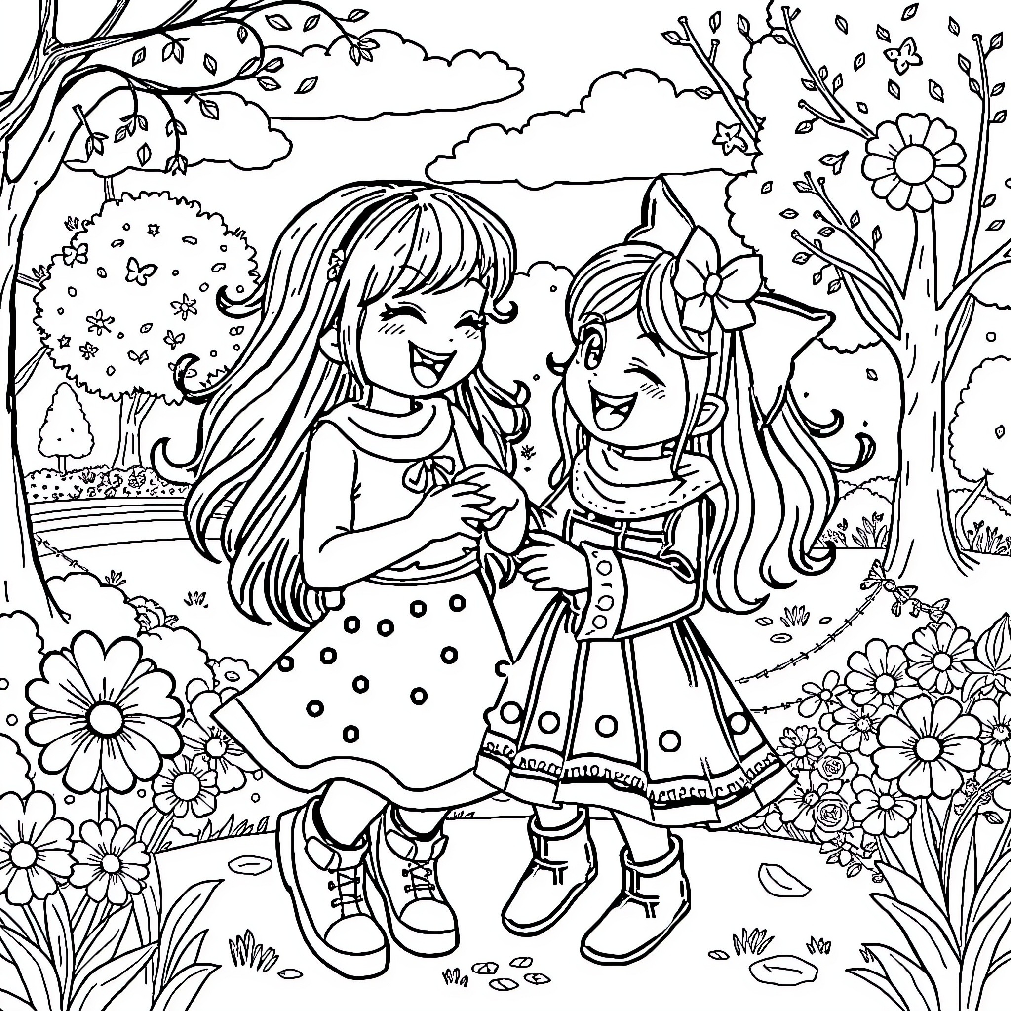 Nussa and Rara playing happily in the nature Coloring Page (free black-and-white line drawing printable PDF for all, from beginners to advanced learners, including children, teens, adults, and seniors)