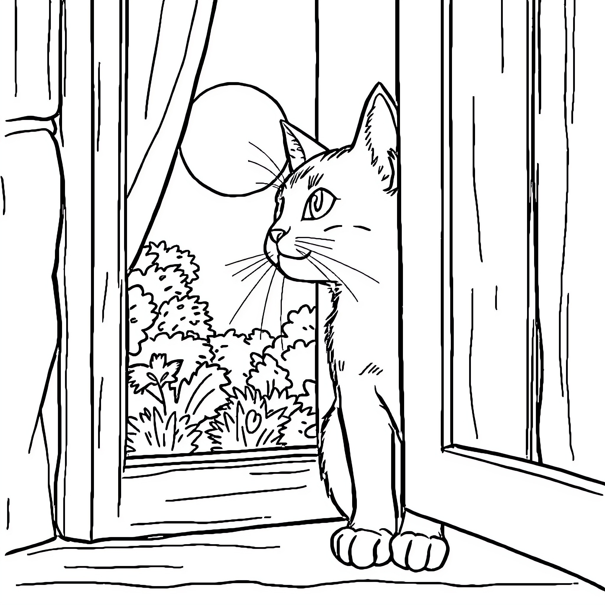 Cat observing nature through window Coloring Page (free black-and-white line drawing printable PDF for all, from beginners to advanced learners, including children, teens, adults, and seniors)