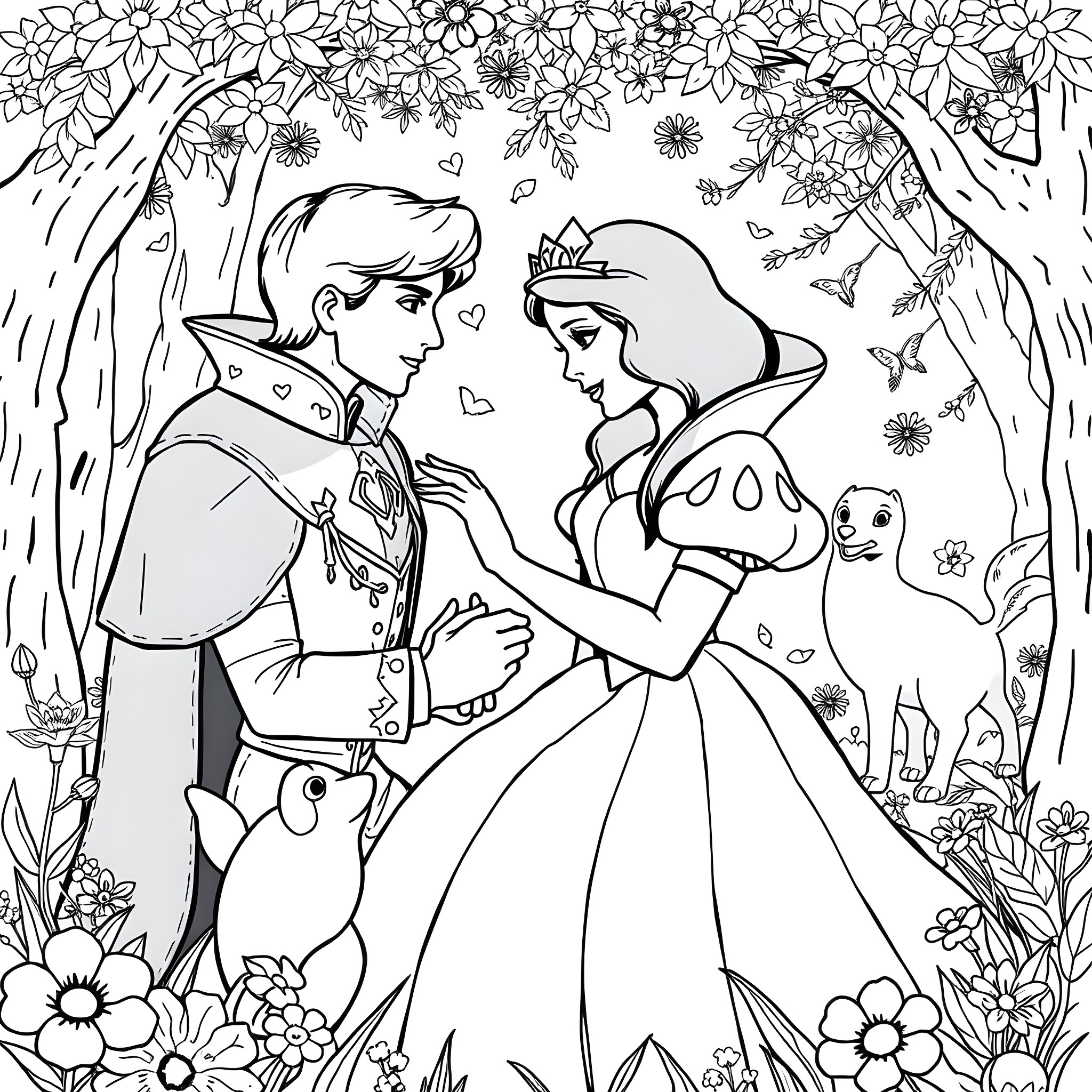 Snow White and Prince Charming in Enchanted Forest Coloring Page (free black-and-white line drawing printable PDF for all, from beginners to advanced learners, including children, teens, adults, and seniors)