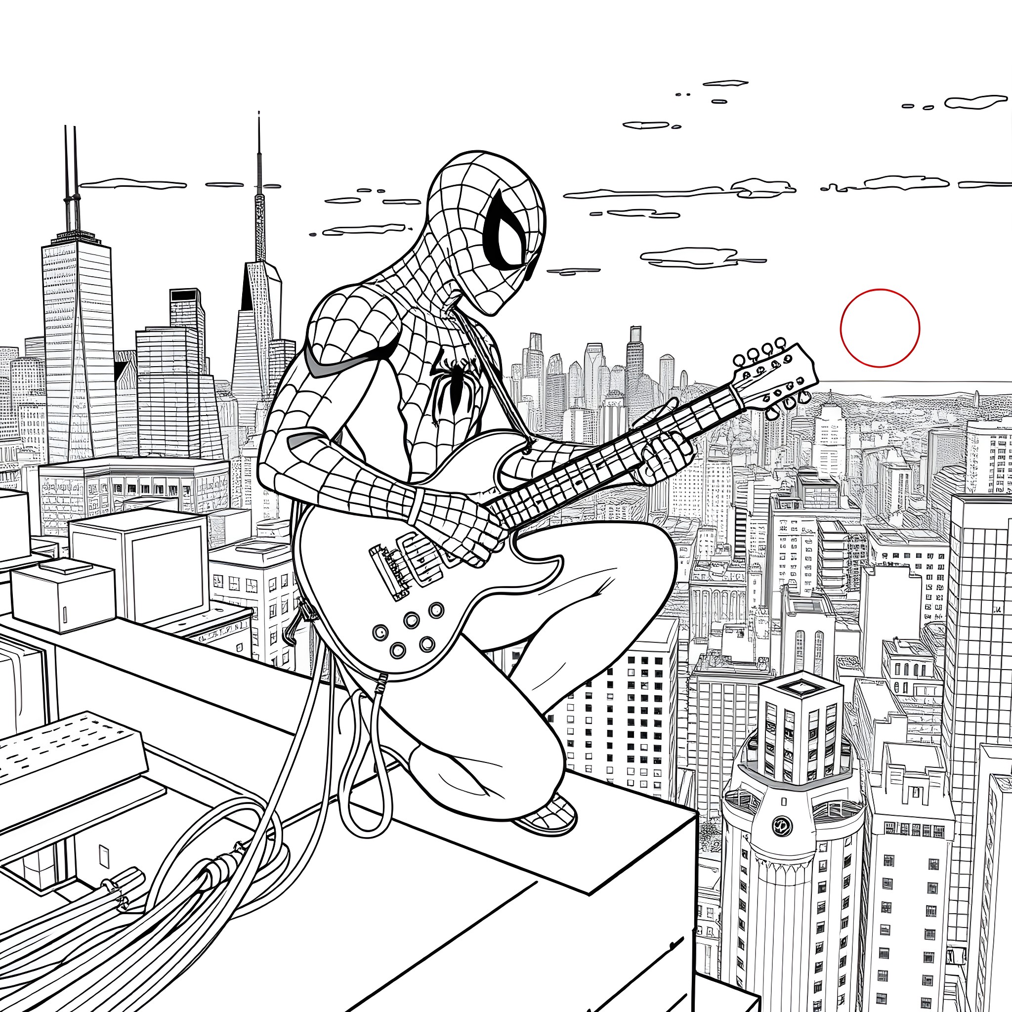 Spider-Man playing guitar on top of skyscrapers Coloring Page (free black-and-white line drawing printable PDF for all, from beginners to advanced learners, including children, teens, adults, and seniors)