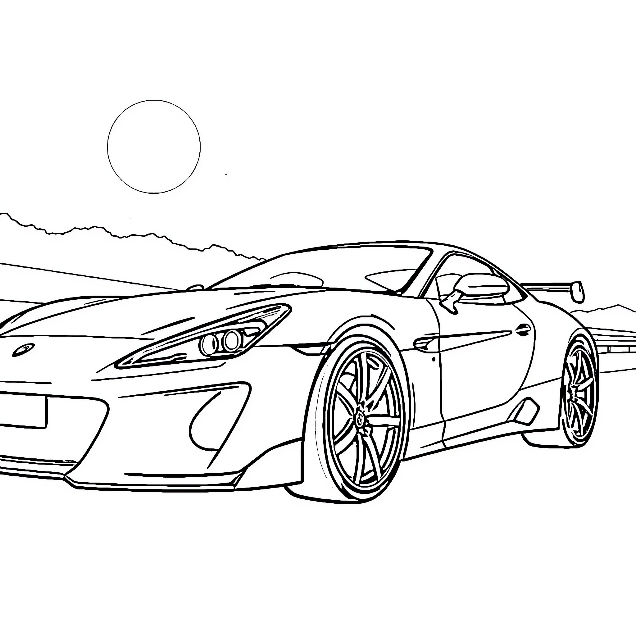 Sport Car racing on a scenic road Coloring Page (free black-and-white line drawing printable PDF for all, from beginners to advanced learners, including children, teens, adults, and seniors)