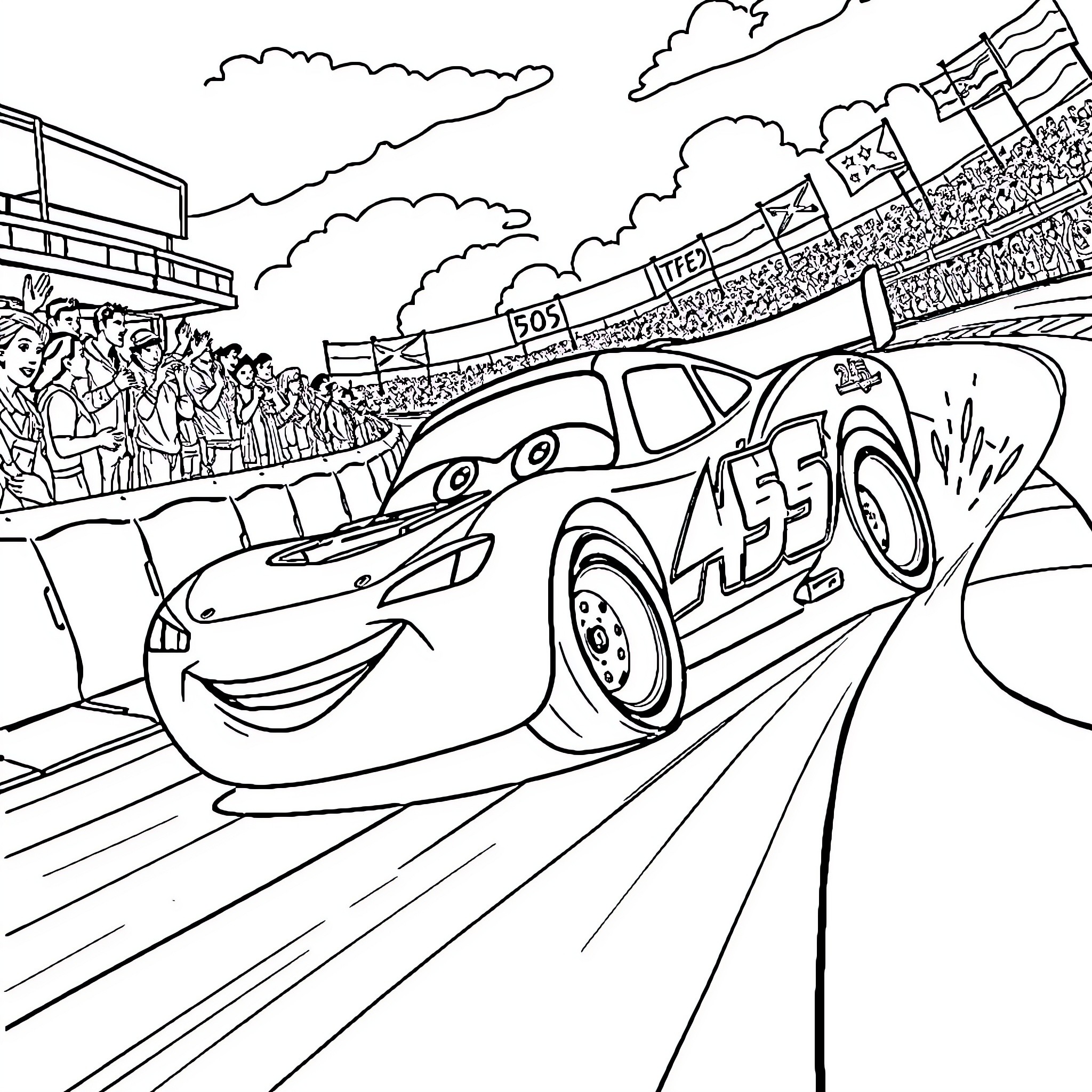 Lightning McQueen racing in a high-speed motorsport event Coloring Page (free black-and-white line drawing printable PDF for all, from beginners to advanced learners, including children, teens, adults, and seniors)