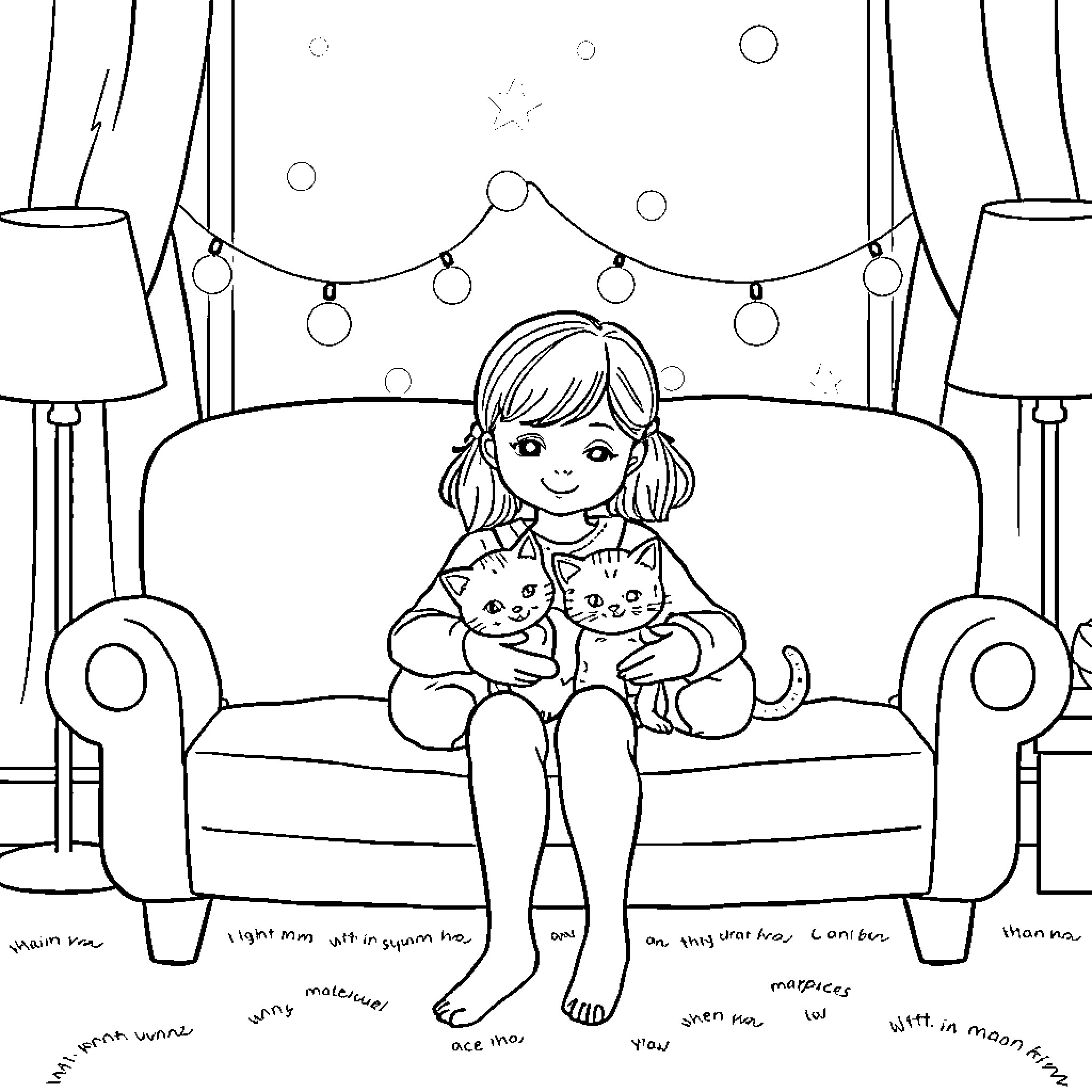 Kitty Girl Snuggling with Kittens at Home Coloring Page (free black-and-white line drawing printable PDF for all, from beginners to advanced learners, including children, teens, adults, and seniors)