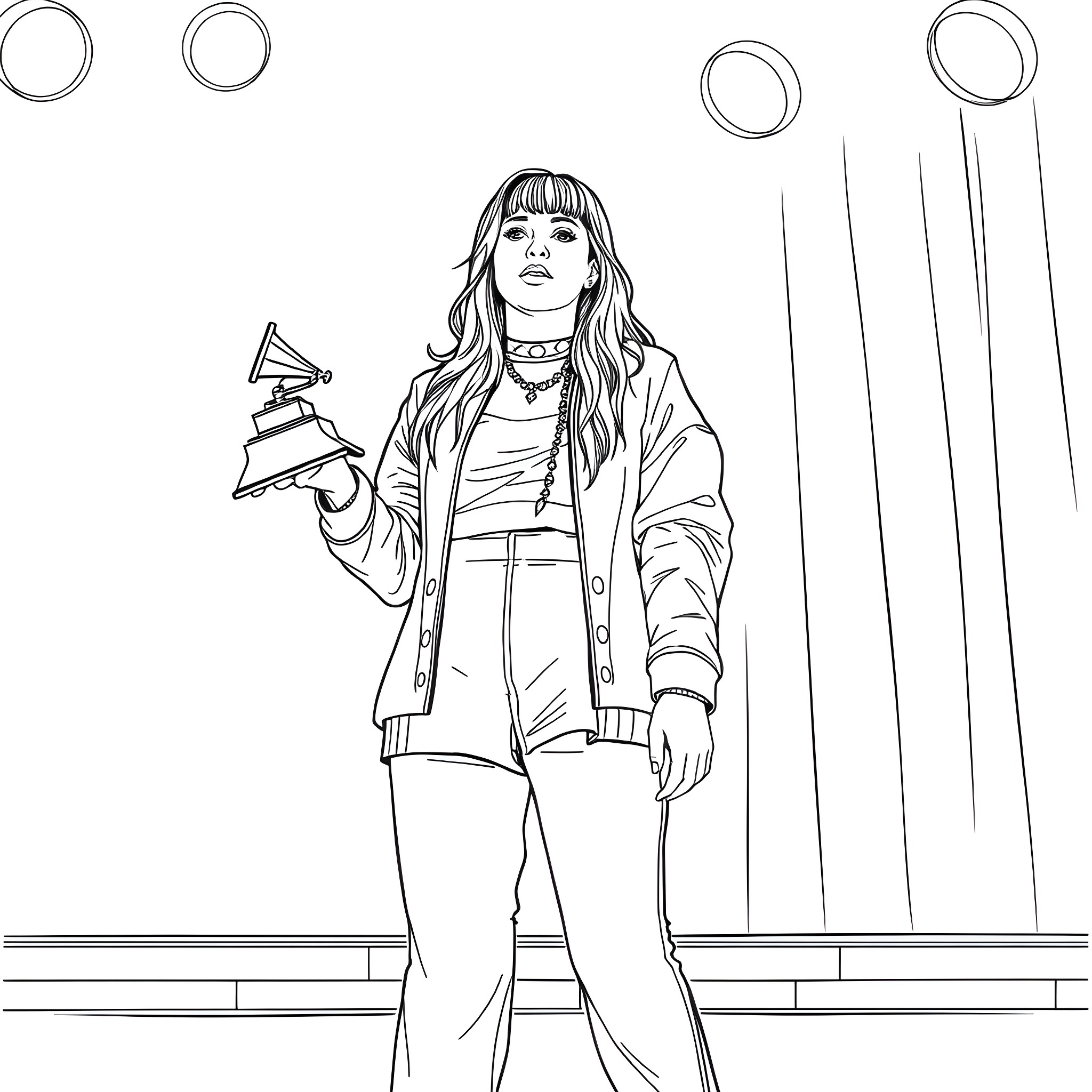 Billie Eilish posing with a gramophone in an elegant outfit Coloring Page (free black-and-white line drawing printable PDF for all, from beginners to advanced learners, including children, teens, adults, and seniors)