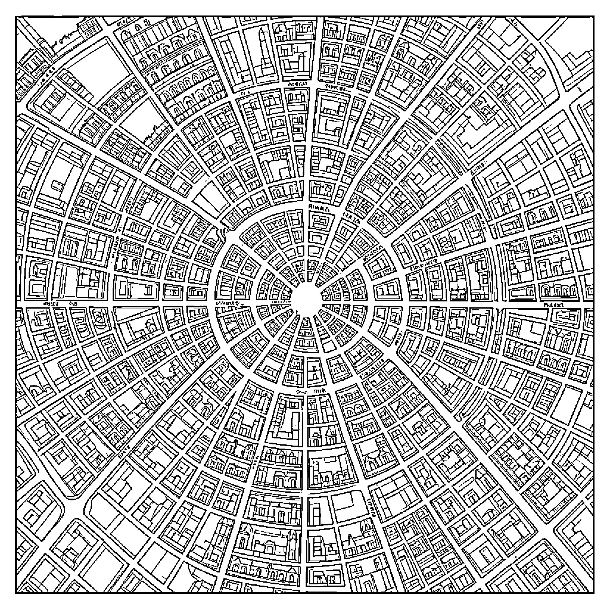 Satellite Map of Intricate Urban Layout Coloring Page (free black-and-white line drawing printable PDF for all, from beginners to advanced learners, including children, teens, adults, and seniors)