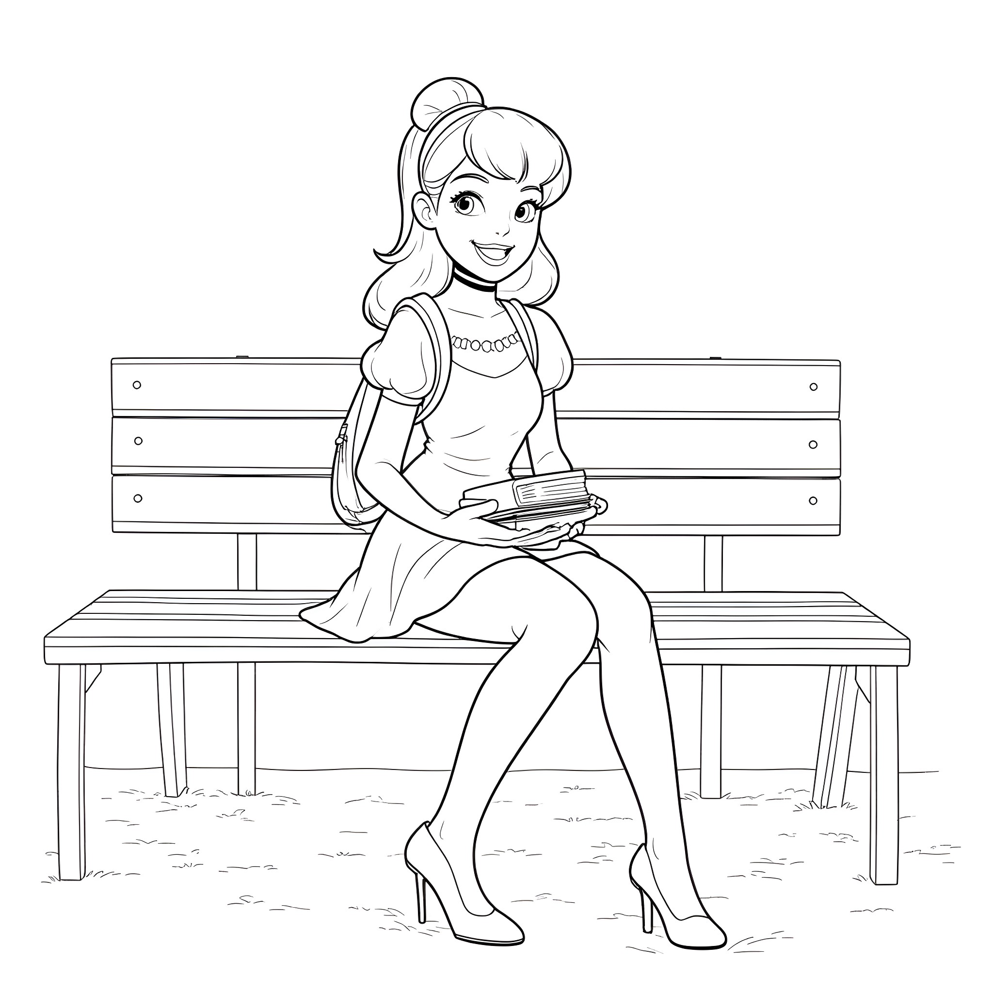 Cinderella enjoying a sweet treat on a park bench Coloring Page (free black-and-white line drawing printable PDF for all, from beginners to advanced learners, including children, teens, adults, and seniors)