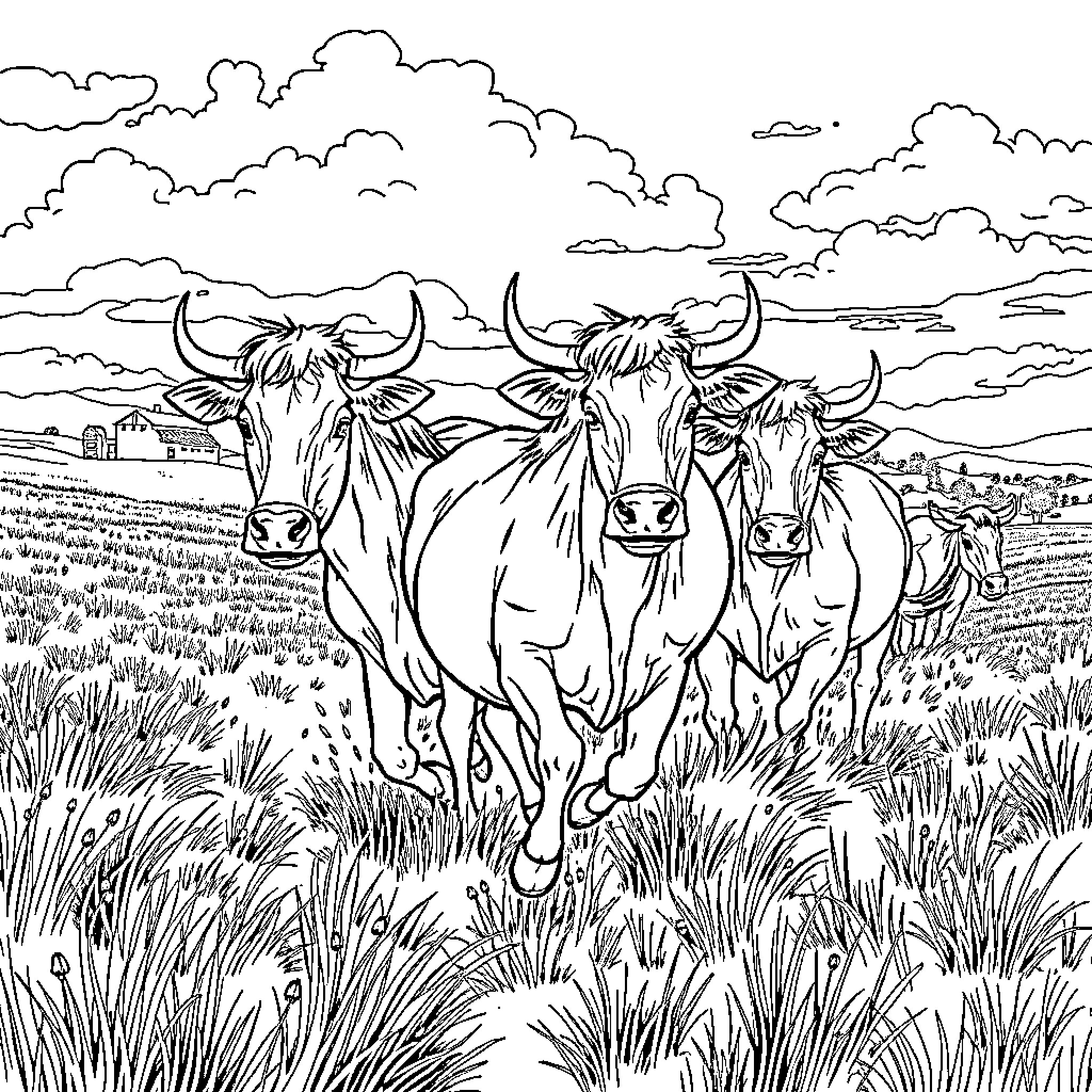 Wild Horses Galloping Through a Grassy Field Coloring Page (free black-and-white line drawing printable PDF for all, from beginners to advanced learners, including children, teens, adults, and seniors)
