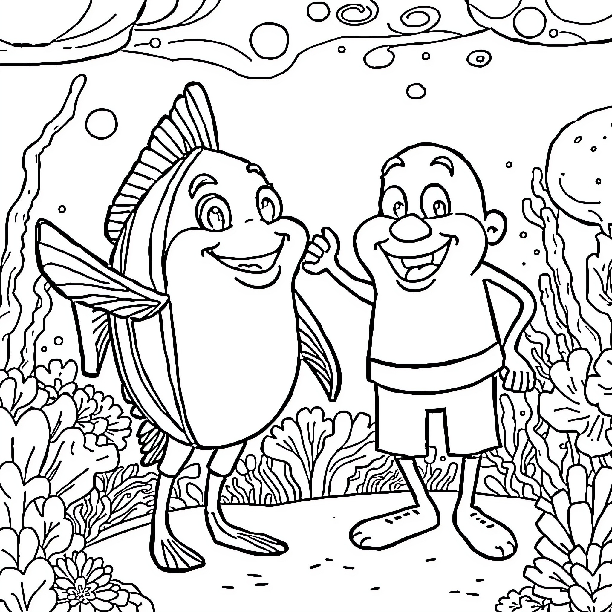 Spongebob and Patrick underwater adventure Coloring Page (free black-and-white line drawing printable PDF for all, from beginners to advanced learners, including children, teens, adults, and seniors)