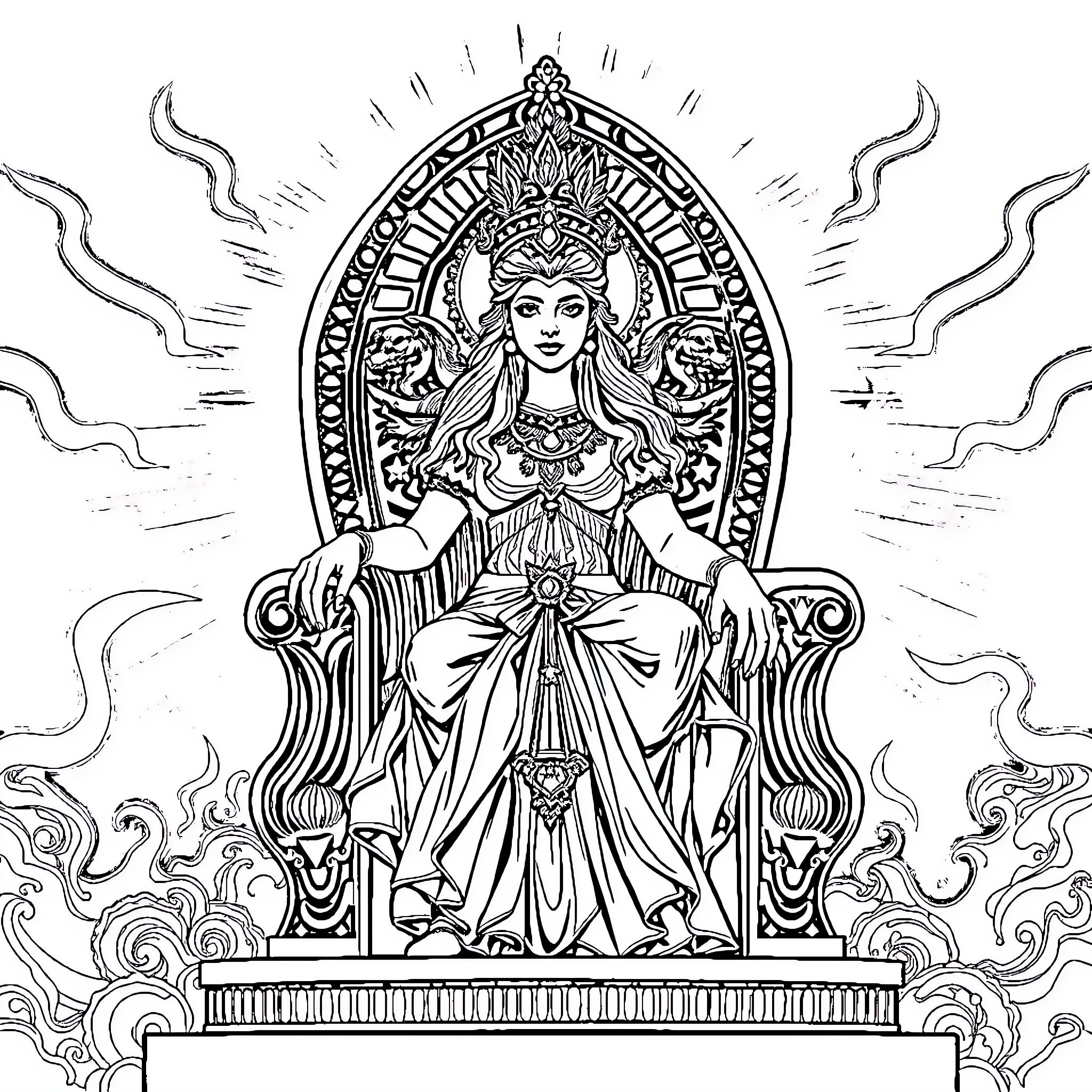 Goddess seated in ornate throne wielding divine power Coloring Page (free black-and-white line drawing printable PDF for all, from beginners to advanced learners, including children, teens, adults, and seniors)