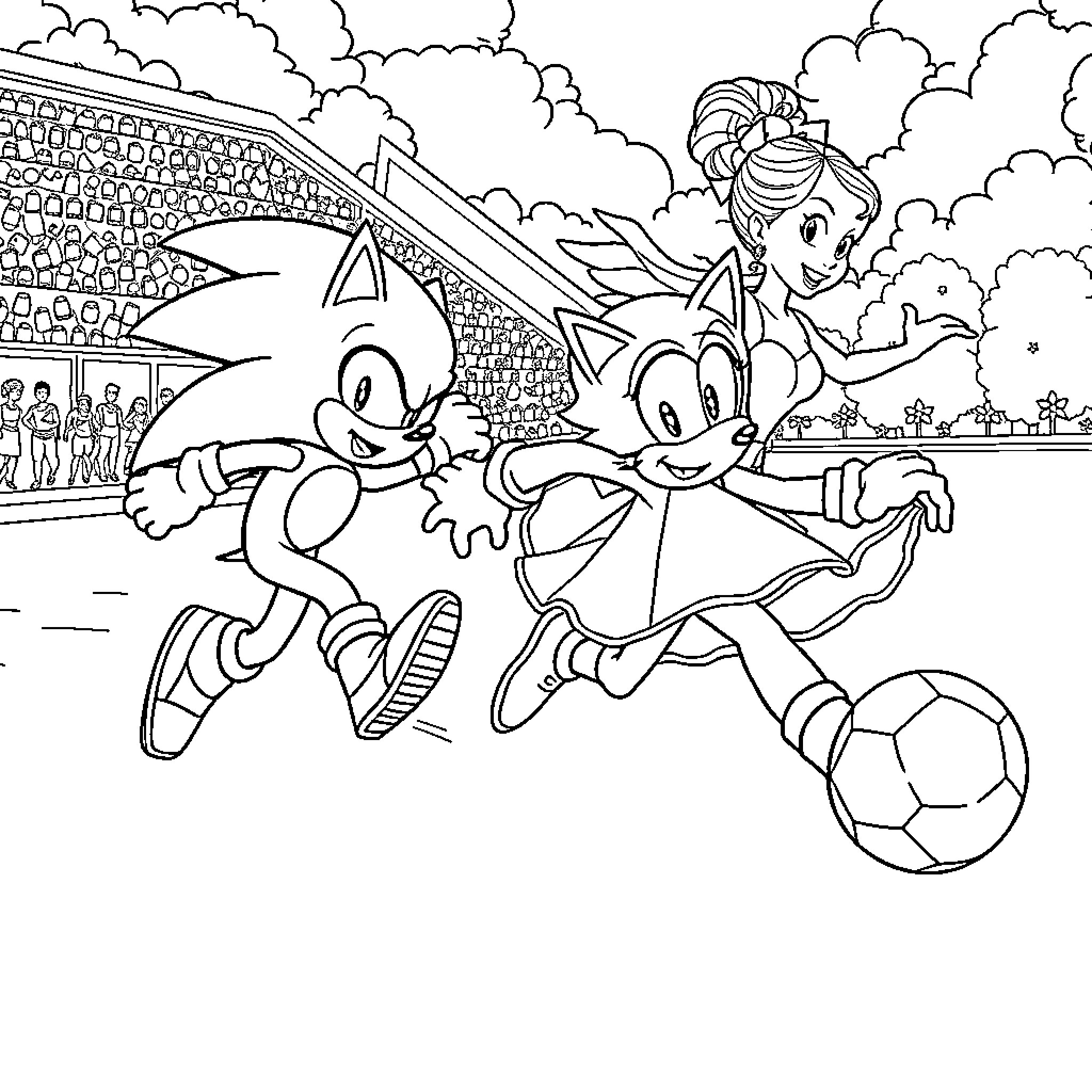 Sonic characters playing soccer in a stadium Coloring Page (free black-and-white line drawing printable PDF for all, from beginners to advanced learners, including children, teens, adults, and seniors)