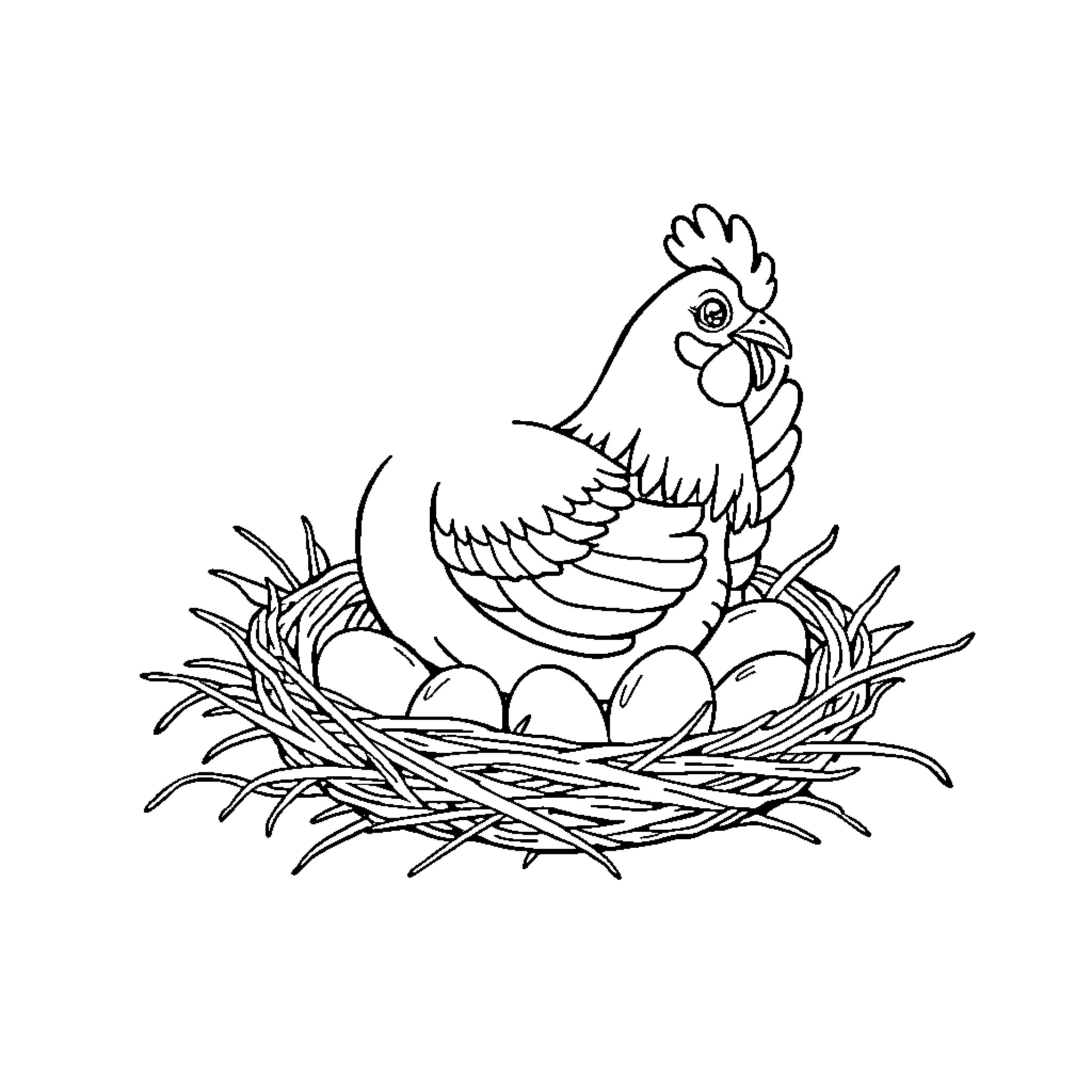Chicken sitting on nest with eggs Coloring Page (free black-and-white line drawing printable PDF for all, from beginners to advanced learners, including children, teens, adults, and seniors)
