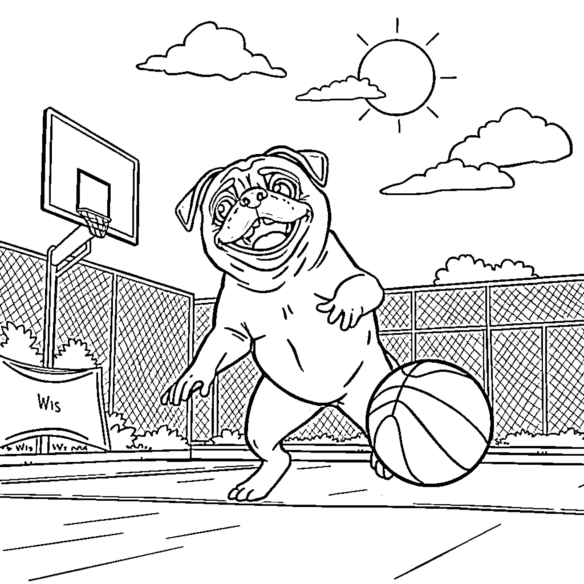 Pug playing basketball on a sunny court Coloring Page (free black-and-white line drawing printable PDF for all, from beginners to advanced learners, including children, teens, adults, and seniors)