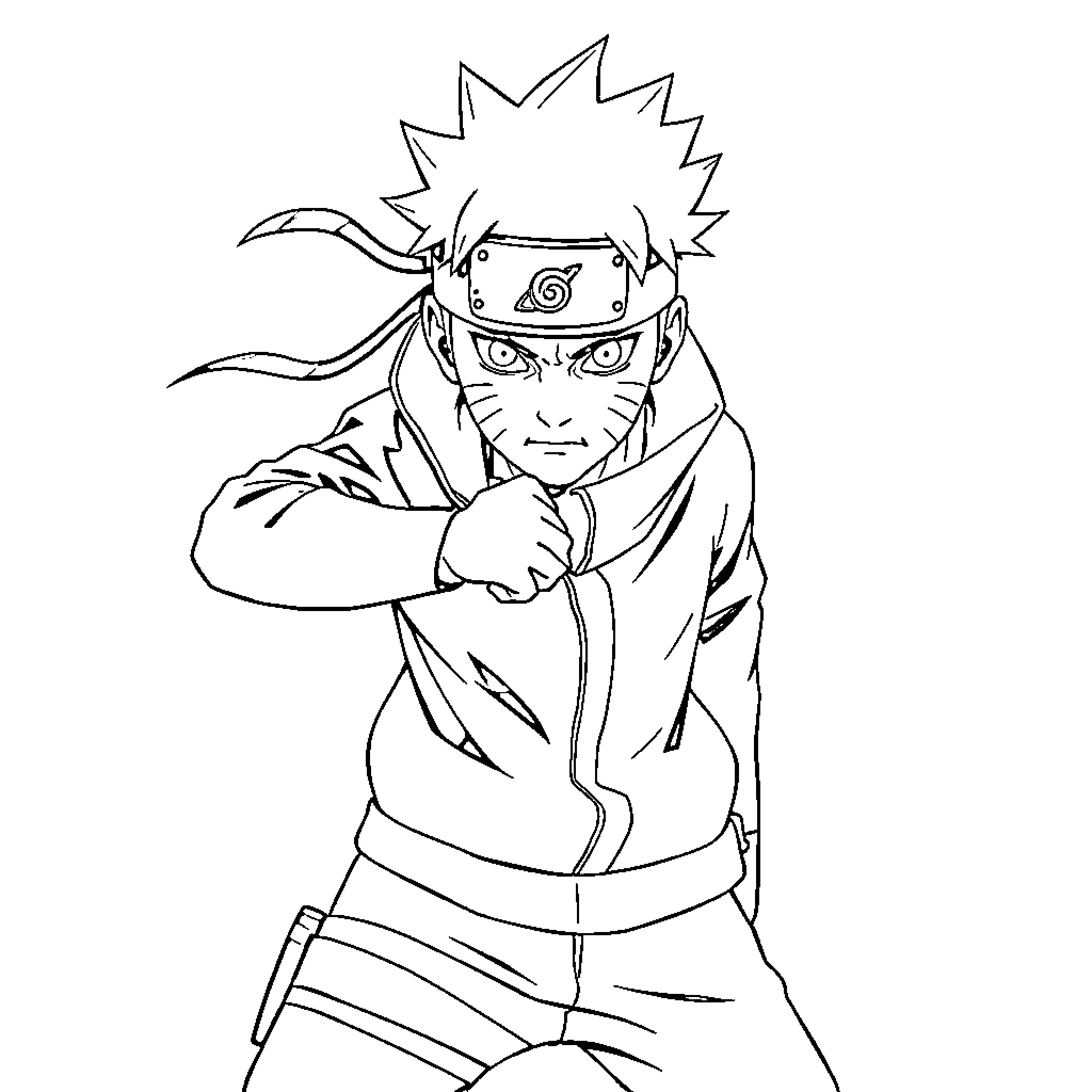 Naruto in combat stance with intense expression Coloring Page (free black-and-white line drawing printable PDF for all, from beginners to advanced learners, including children, teens, adults, and seniors)