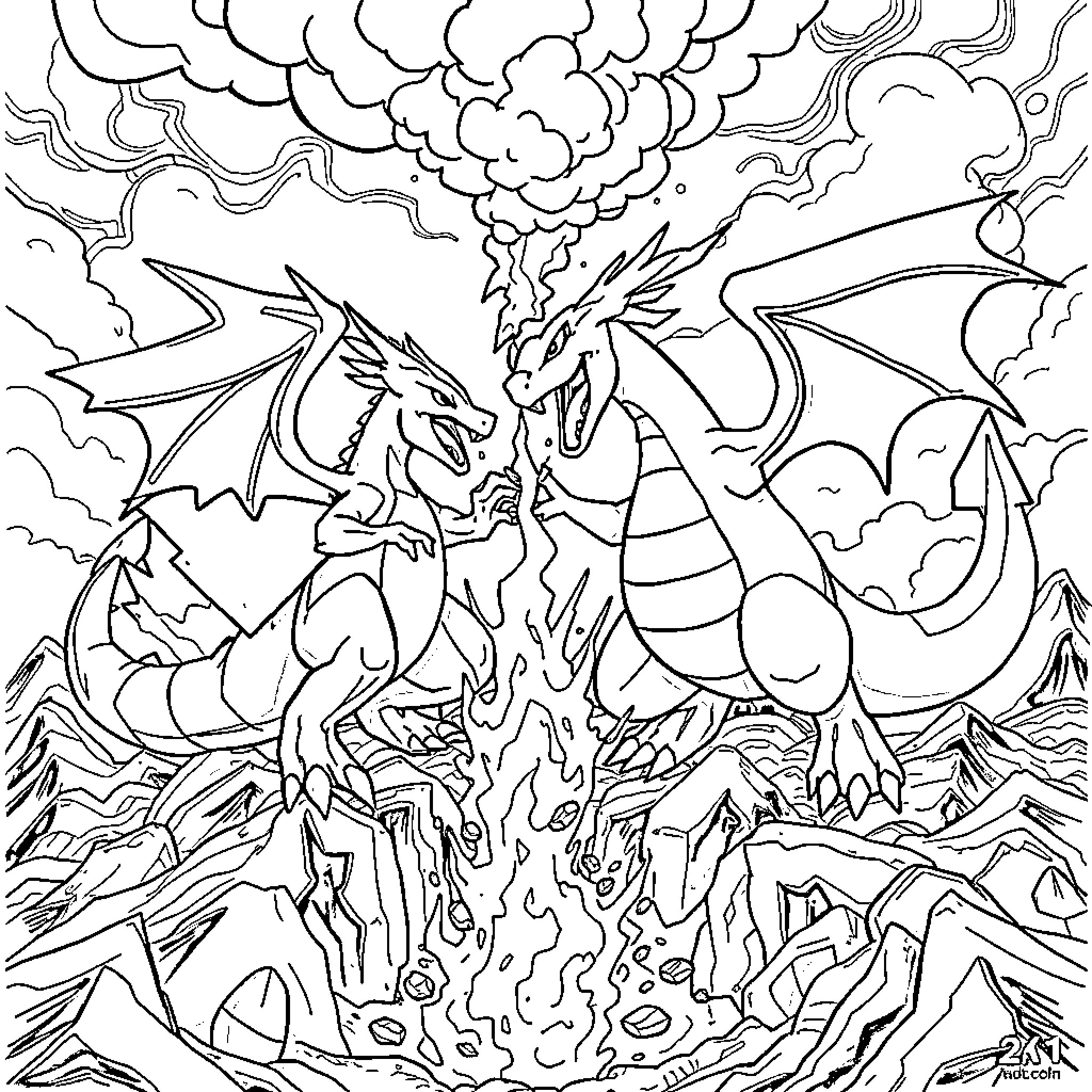 Metalgreymon battling fiercely in a stormy landscape Coloring Page (free black-and-white line drawing printable PDF for all, from beginners to advanced learners, including children, teens, adults, and seniors)