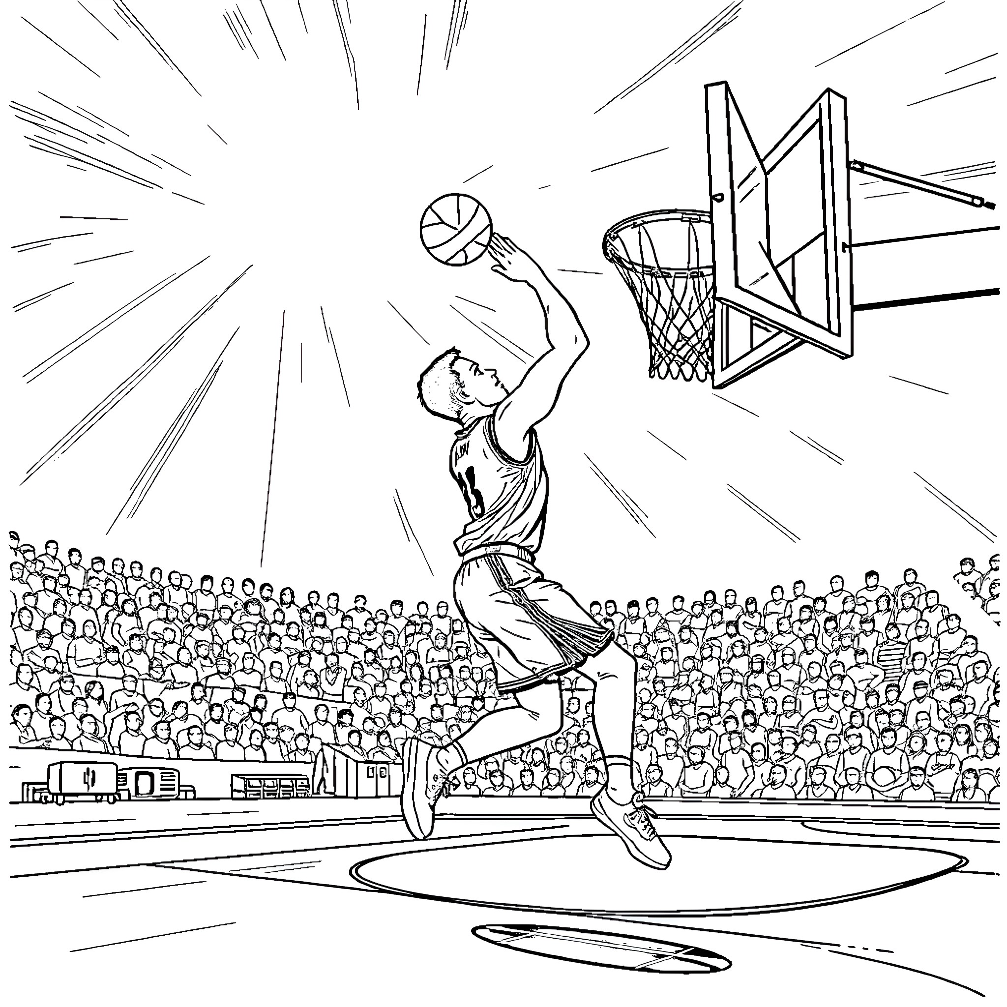 Stephen Curry dunking on basketball court with crowd Coloring Page (free black-and-white line drawing printable PDF for all, from beginners to advanced learners, including children, teens, adults, and seniors)