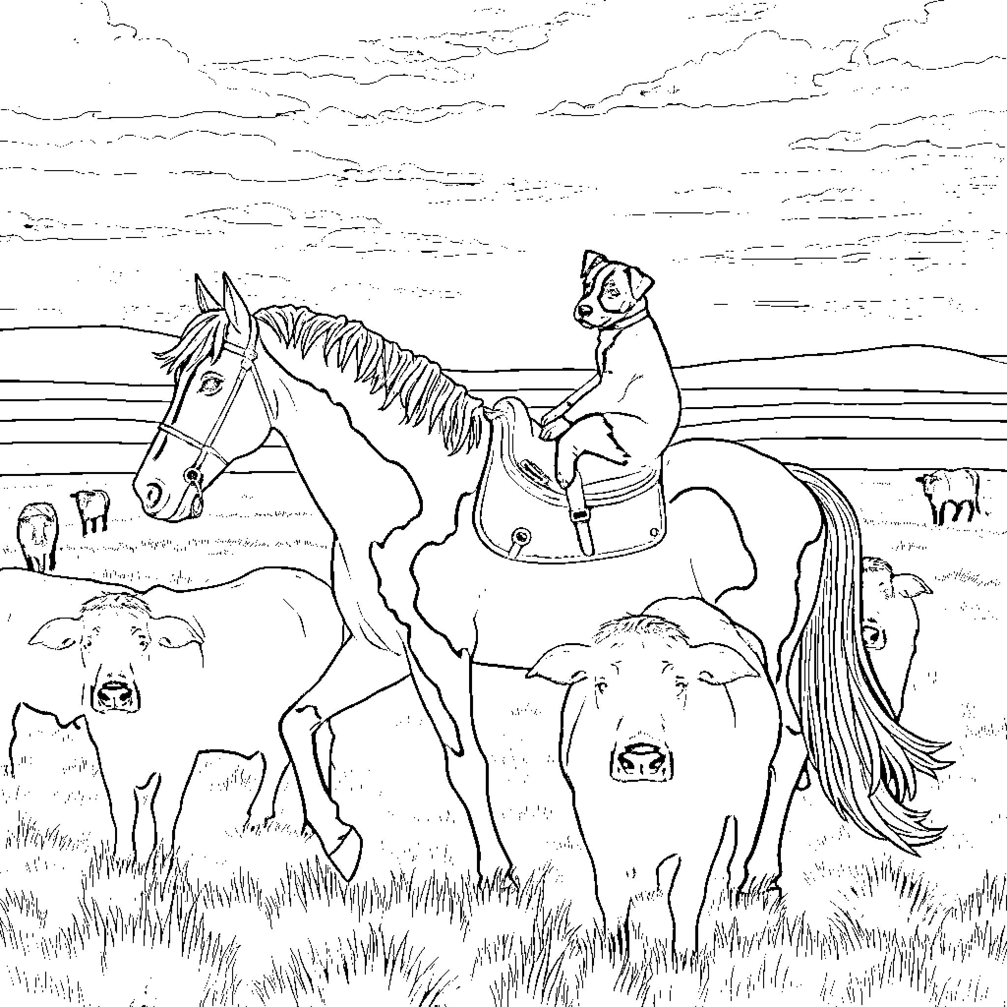 Puppy riding on a horse in the countryside Coloring Page (free black-and-white line drawing printable PDF for all, from beginners to advanced learners, including children, teens, adults, and seniors)
