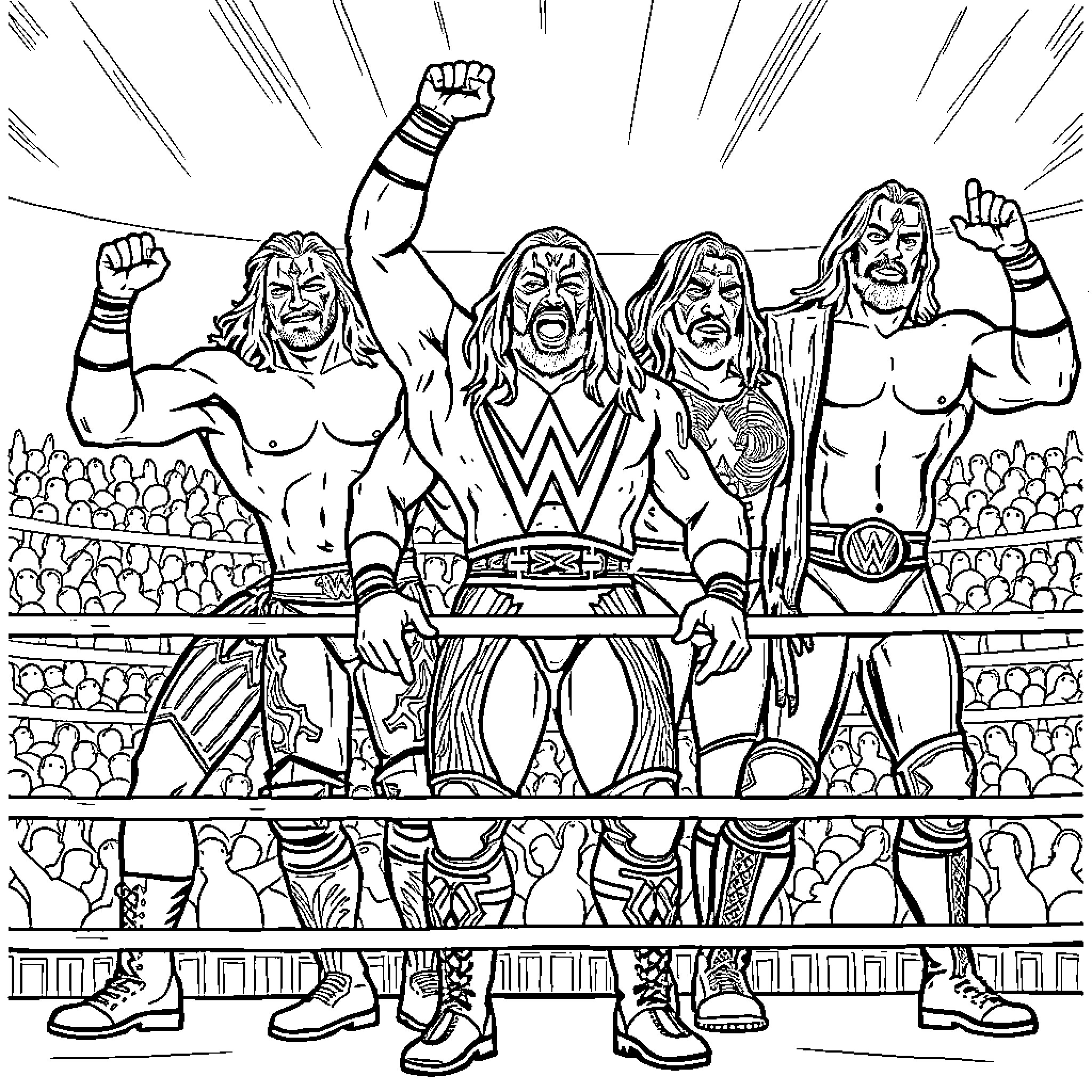 WWE Wrestlers Performing Dramatic Poses in the Ring Coloring Page (free black-and-white line drawing printable PDF for all, from beginners to advanced learners, including children, teens, adults, and seniors)