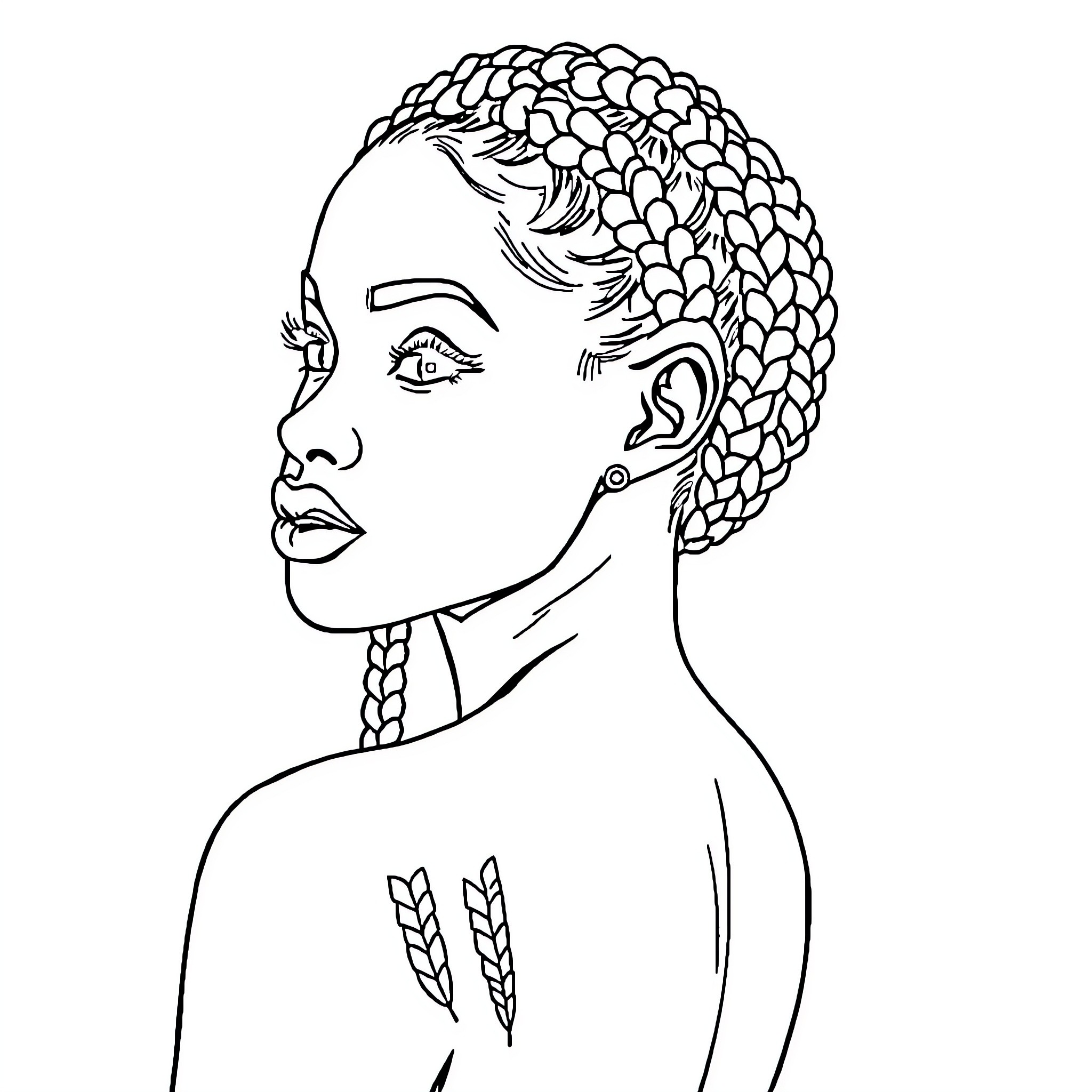 Black Woman with Intricate Braided Hairstyle Coloring Page (free black-and-white line drawing printable PDF for all, from beginners to advanced learners, including children, teens, adults, and seniors)