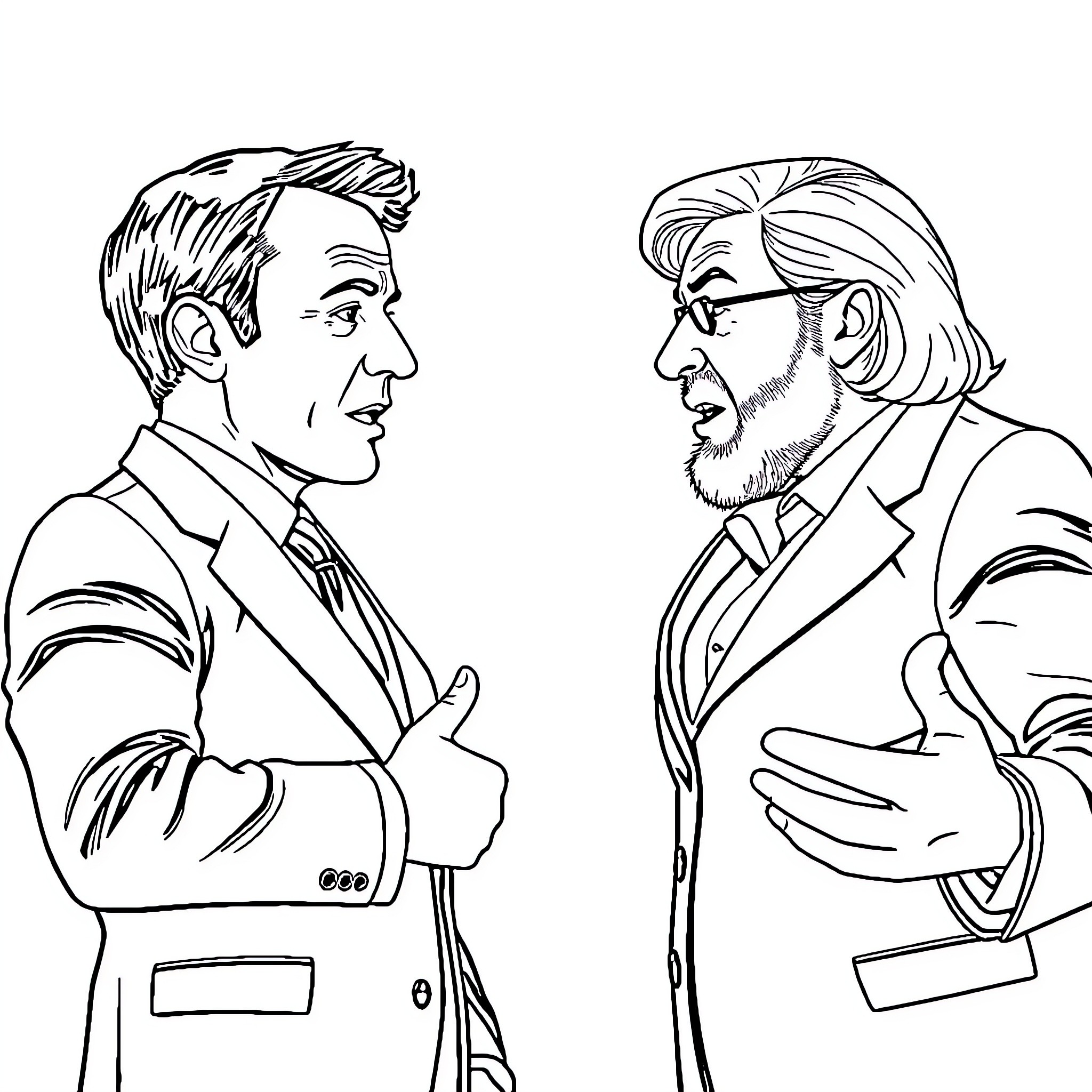 Macron engaged in conversation with distinguished gentleman Coloring Page (free black-and-white line drawing printable PDF for all, from beginners to advanced learners, including children, teens, adults, and seniors)