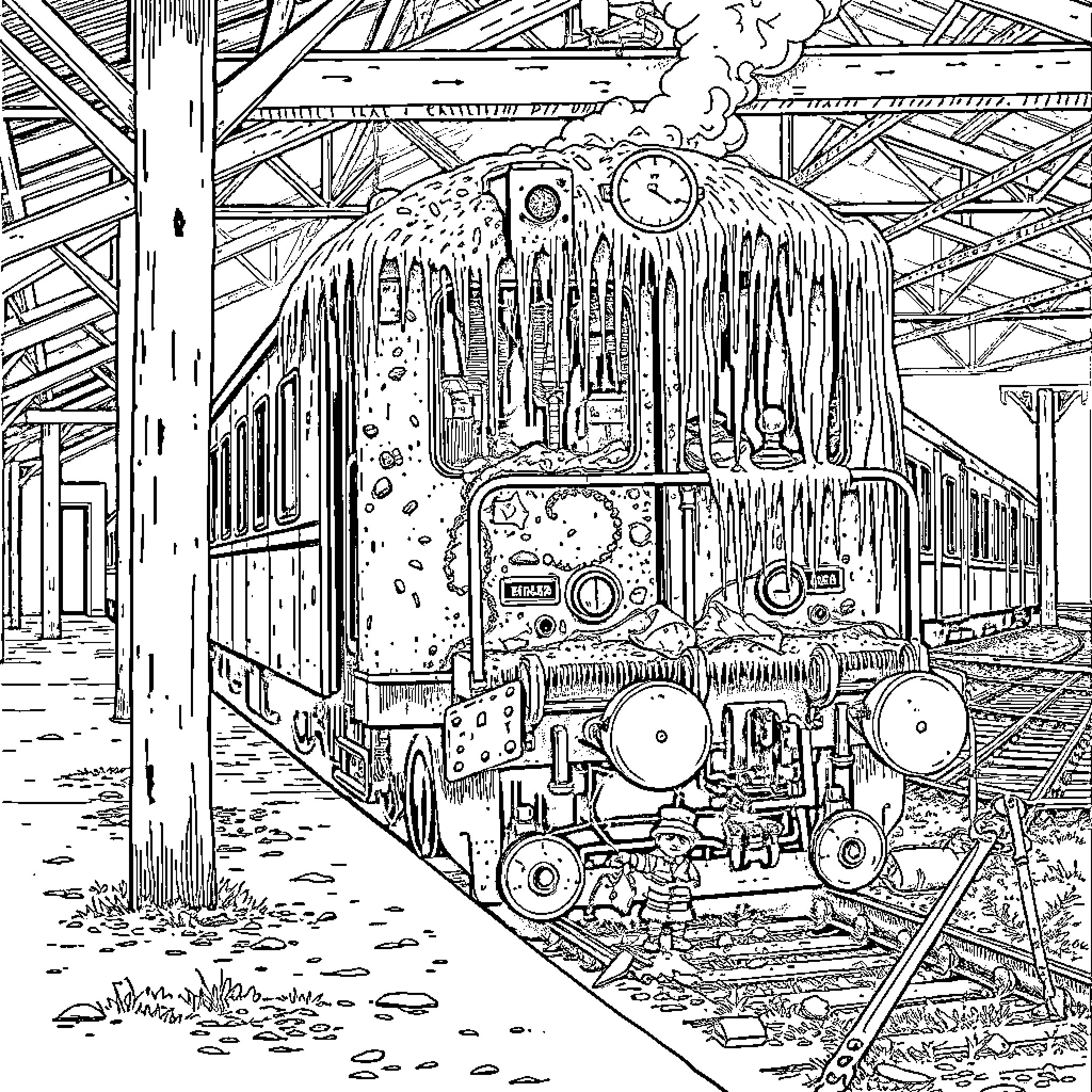 Cobweb Train in Abandoned Railyard Coloring Page (free black-and-white line drawing printable PDF for all, from beginners to advanced learners, including children, teens, adults, and seniors)