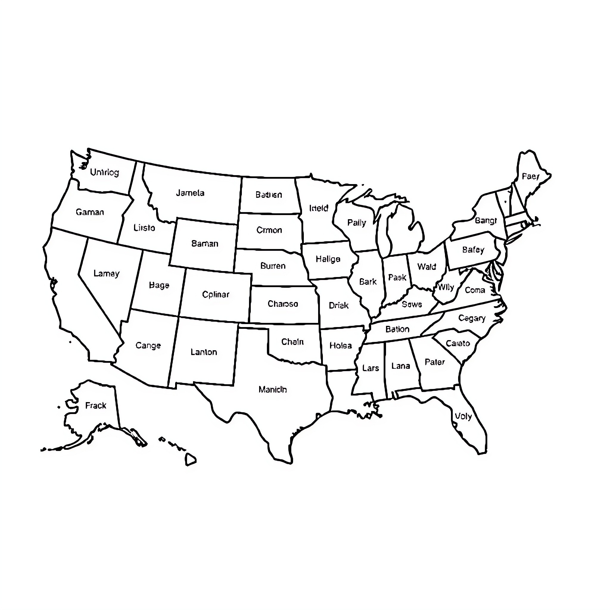 Map of the United States with state names Coloring Page (free black-and-white line drawing printable PDF for all, from beginners to advanced learners, including children, teens, adults, and seniors)
