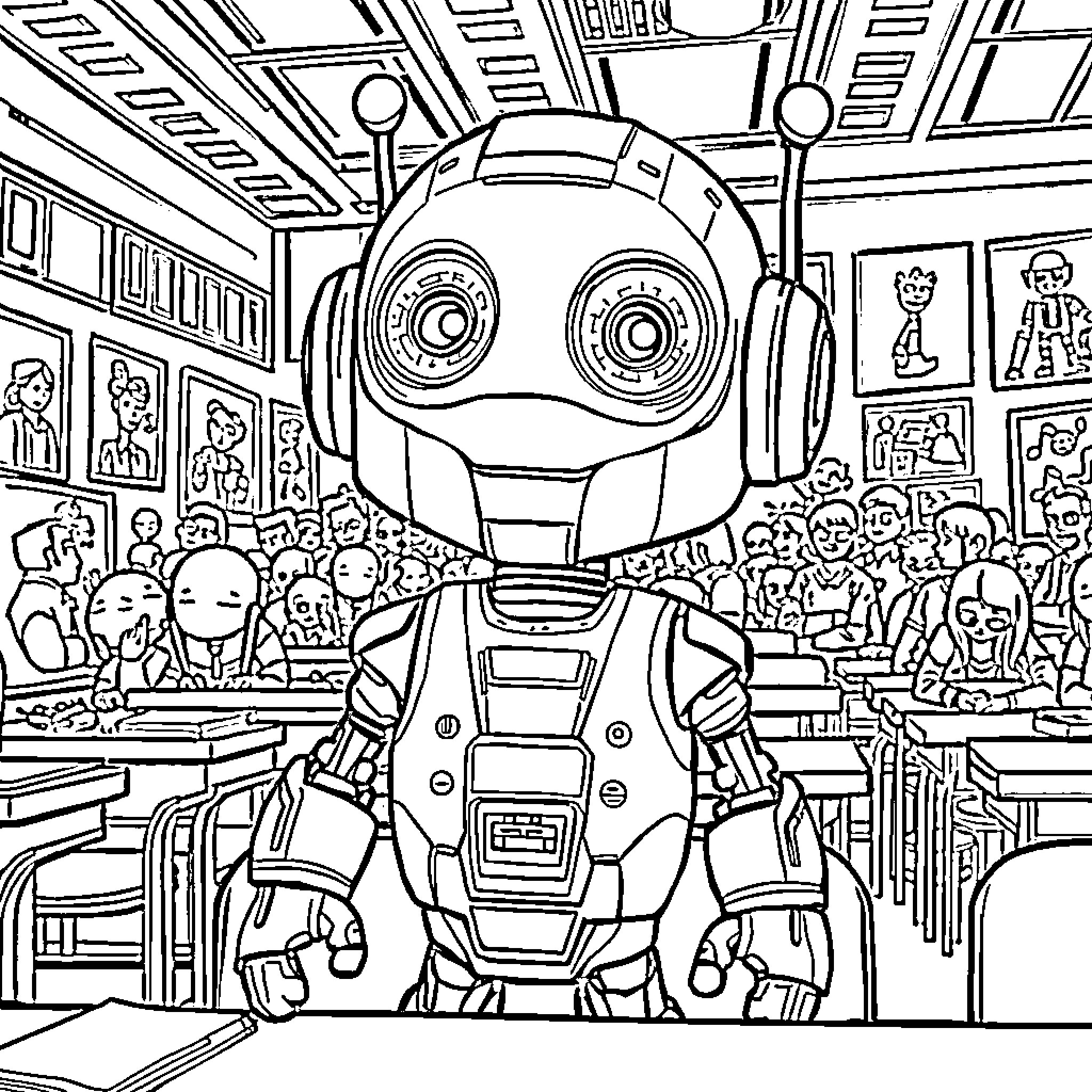 Robot explores futuristic science fiction environment Coloring Page (free black-and-white line drawing printable PDF for all, from beginners to advanced learners, including children, teens, adults, and seniors)