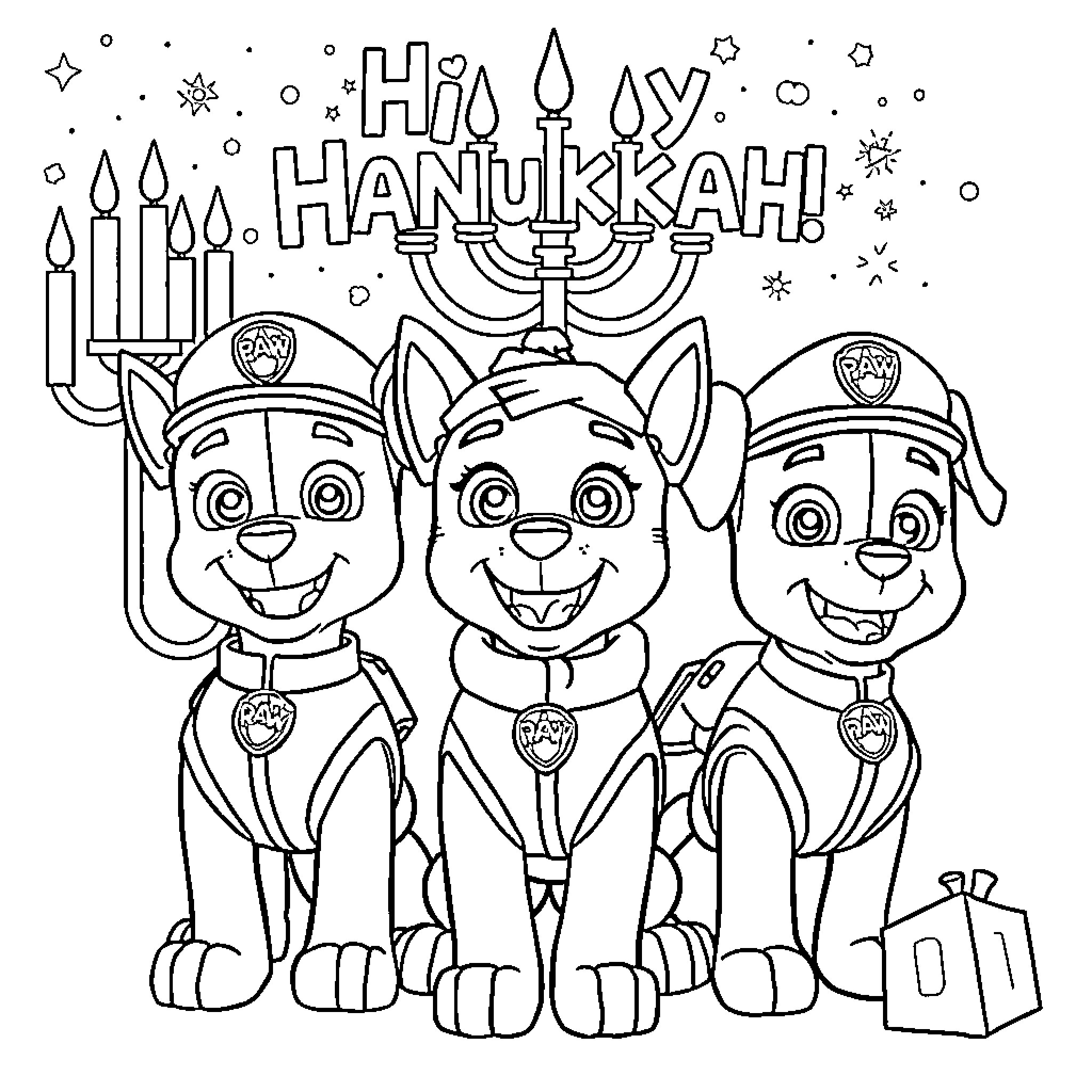 Paw Patrol Celebrates Hanukkah with Joy Coloring Page (free black-and-white line drawing printable PDF for all, from beginners to advanced learners, including children, teens, adults, and seniors)