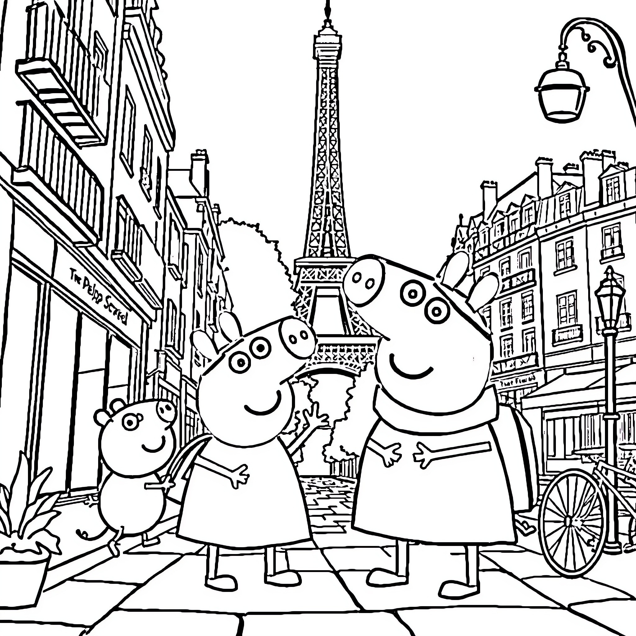 Peppa Pig and family explore the streets of Paris Coloring Page (free black-and-white line drawing printable PDF for all, from beginners to advanced learners, including children, teens, adults, and seniors)