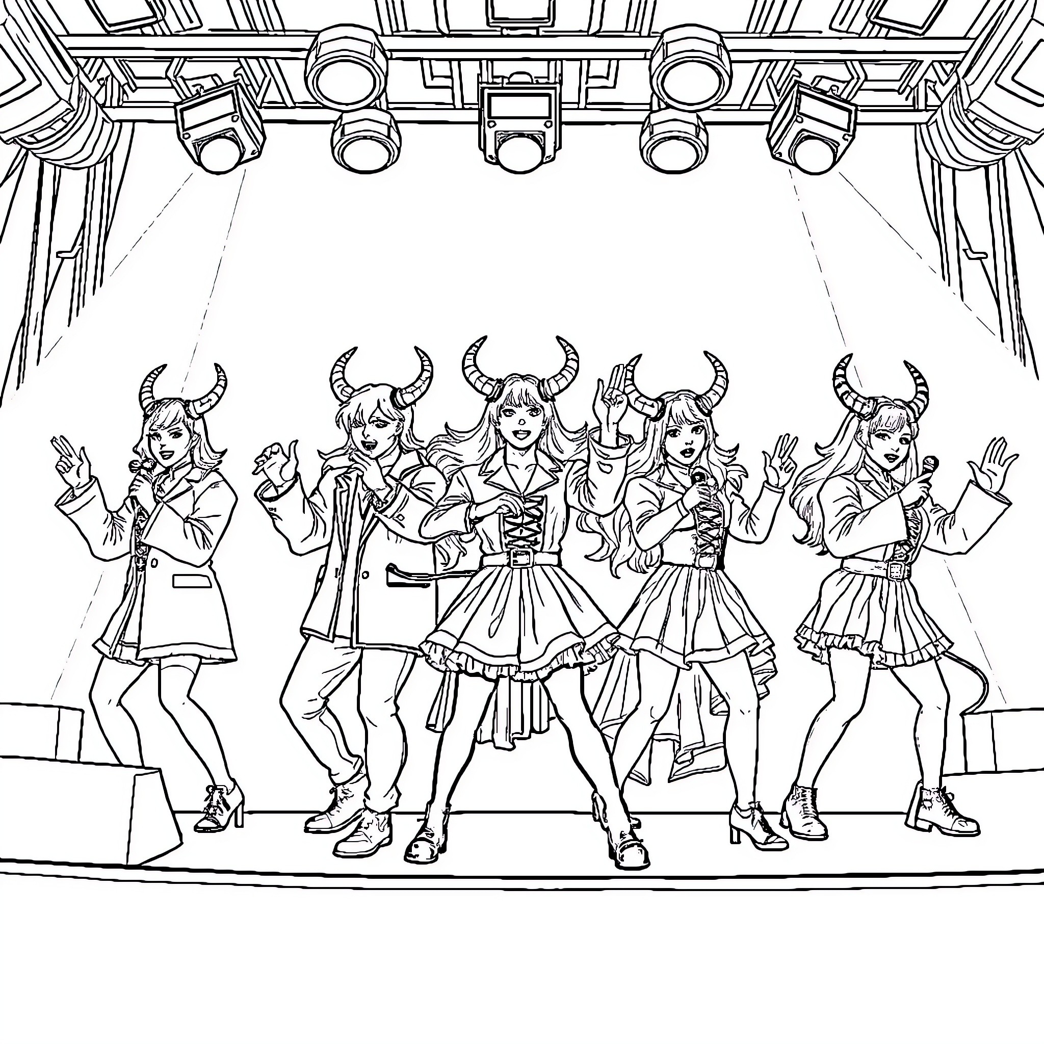 Demon Hunters Performing on Stage Coloring Page (free black-and-white line drawing printable PDF for all, from beginners to advanced learners, including children, teens, adults, and seniors)