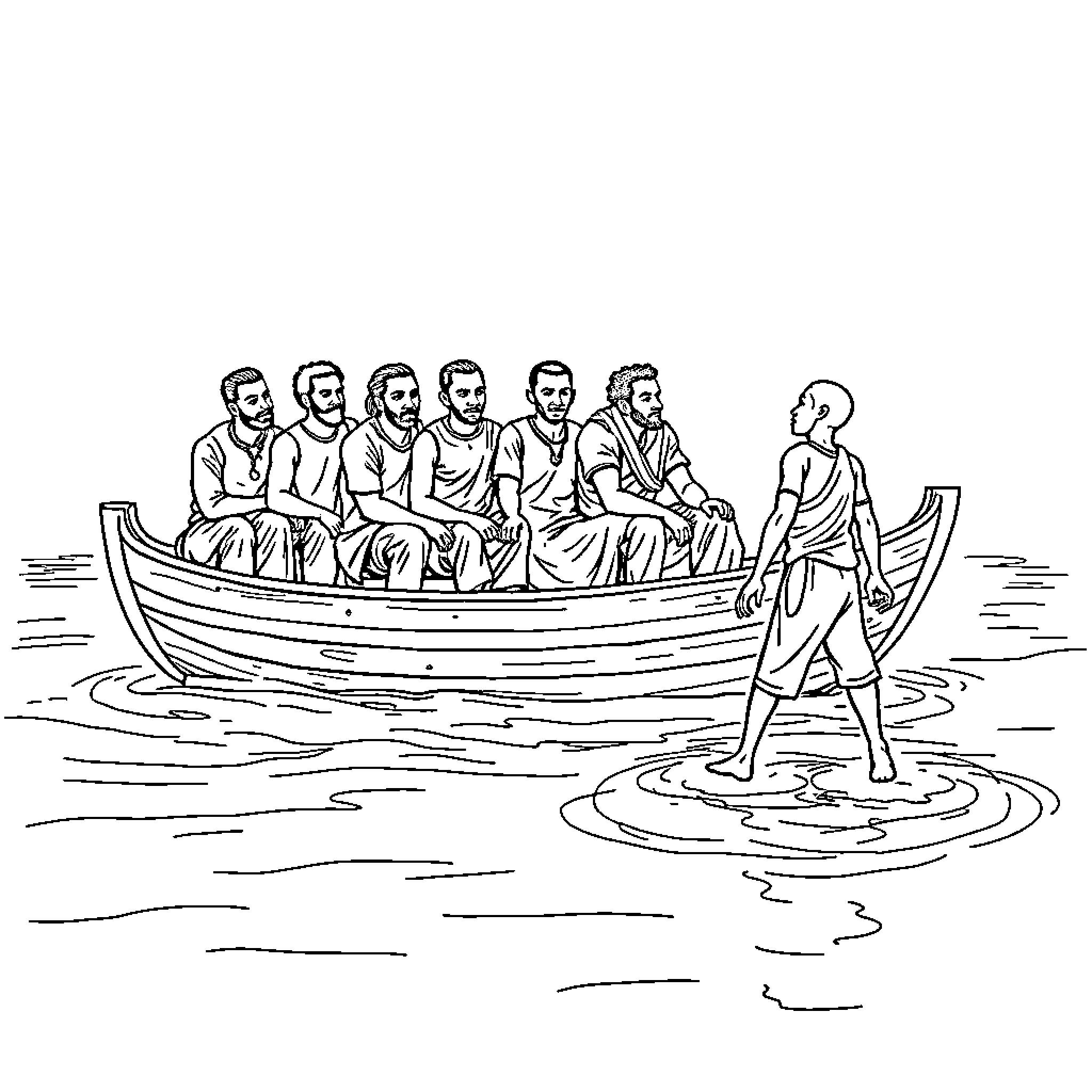 Man standing on shore observing people in boat Coloring Page (free black-and-white line drawing printable PDF for all, from beginners to advanced learners, including children, teens, adults, and seniors)