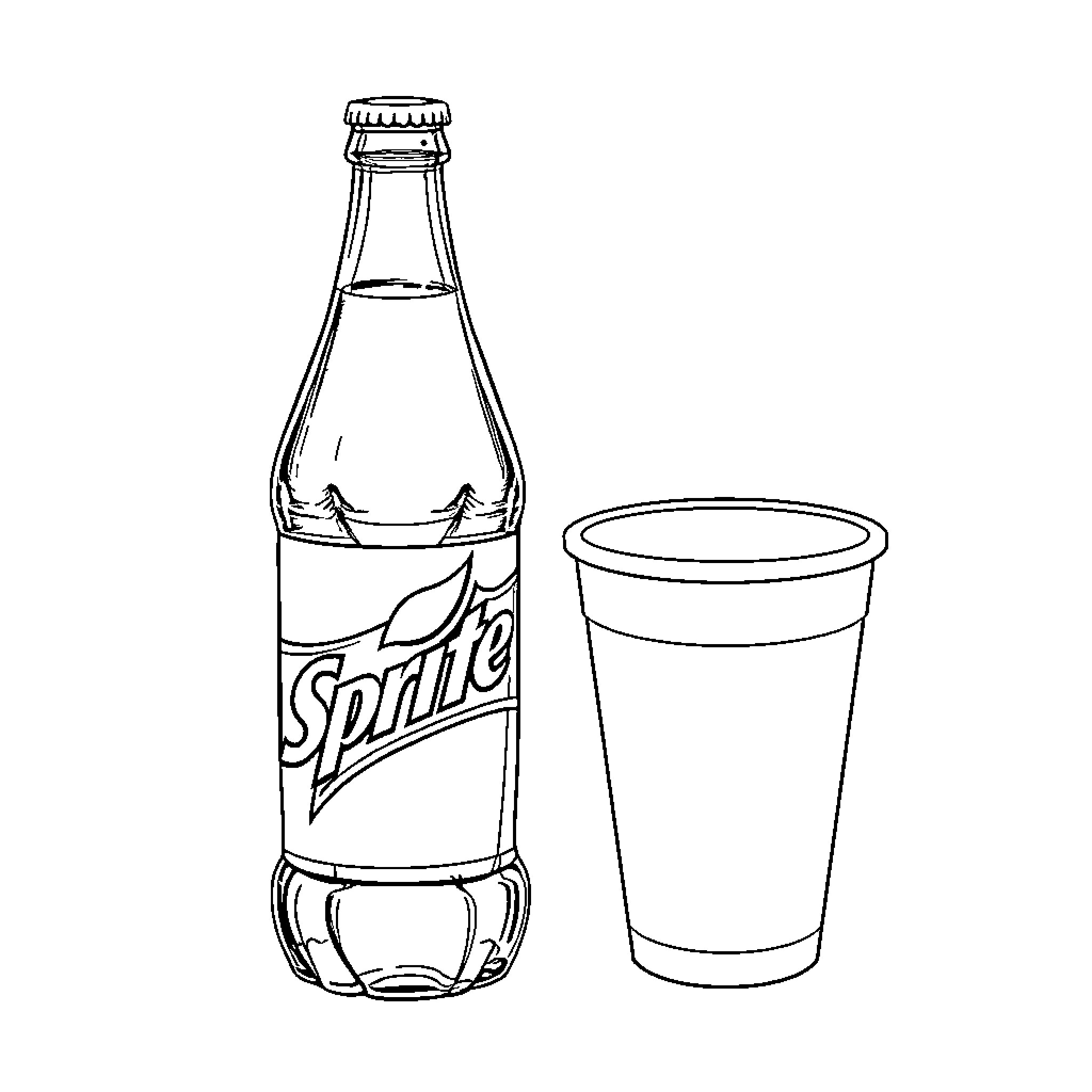 Bottle with beverage and cup Coloring Page (free black-and-white line drawing printable PDF for all, from beginners to advanced learners, including children, teens, adults, and seniors)