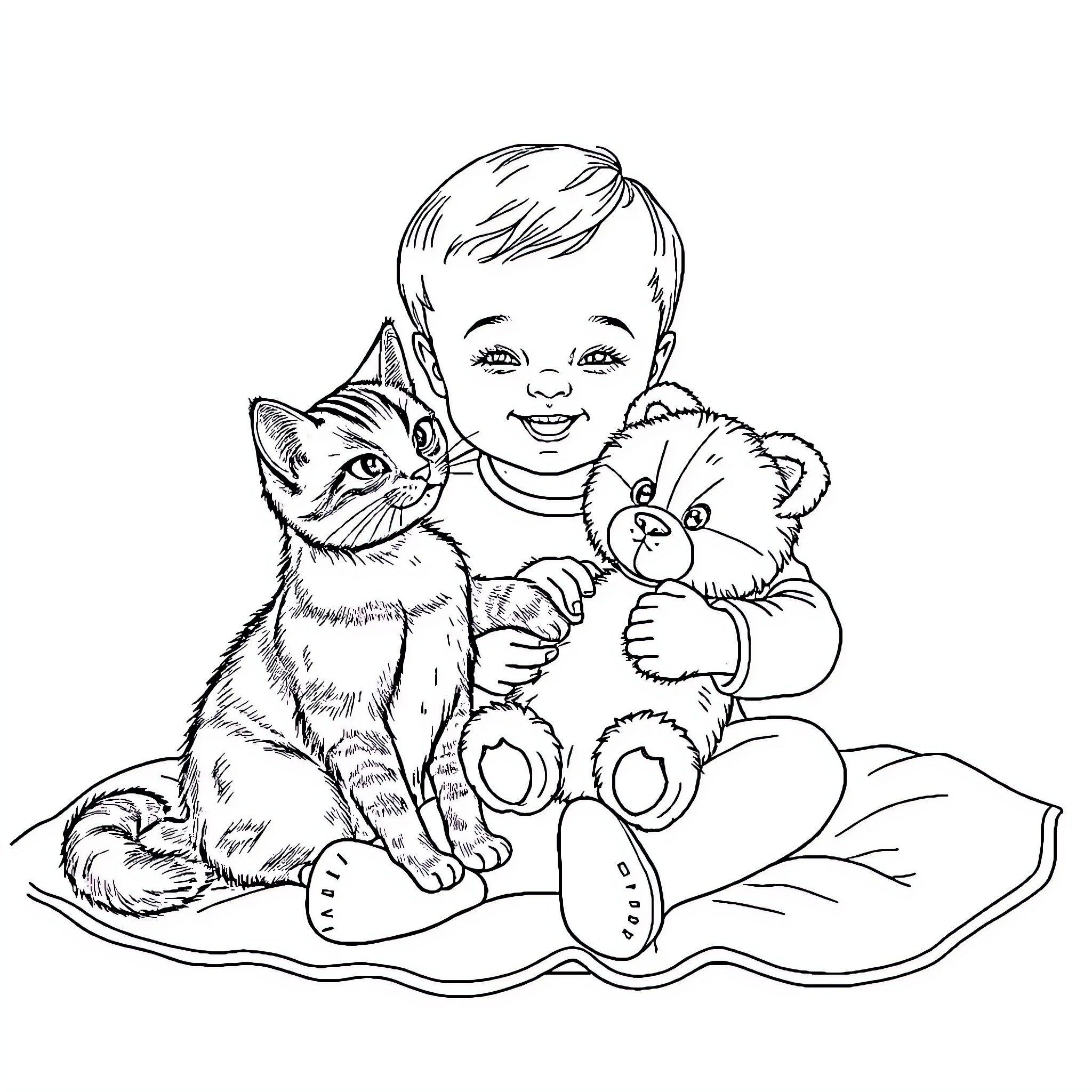 Baby playing with cute stuffed animals Coloring Page (free black-and-white line drawing printable PDF for all, from beginners to advanced learners, including children, teens, adults, and seniors)