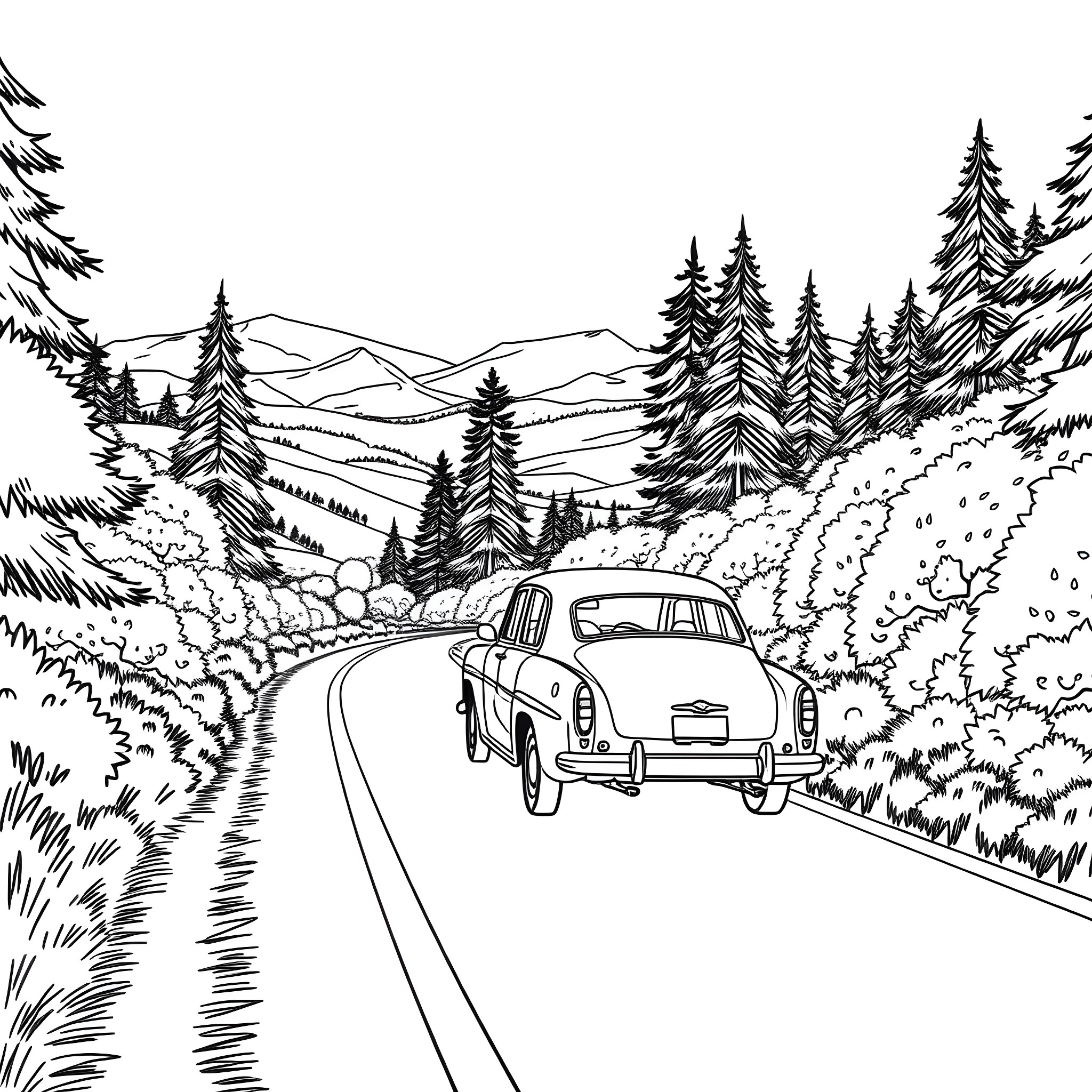 Ambassador Car Driving Through Scenic Mountain Landscape Coloring Page (free black-and-white line drawing printable PDF for all, from beginners to advanced learners, including children, teens, adults, and seniors)