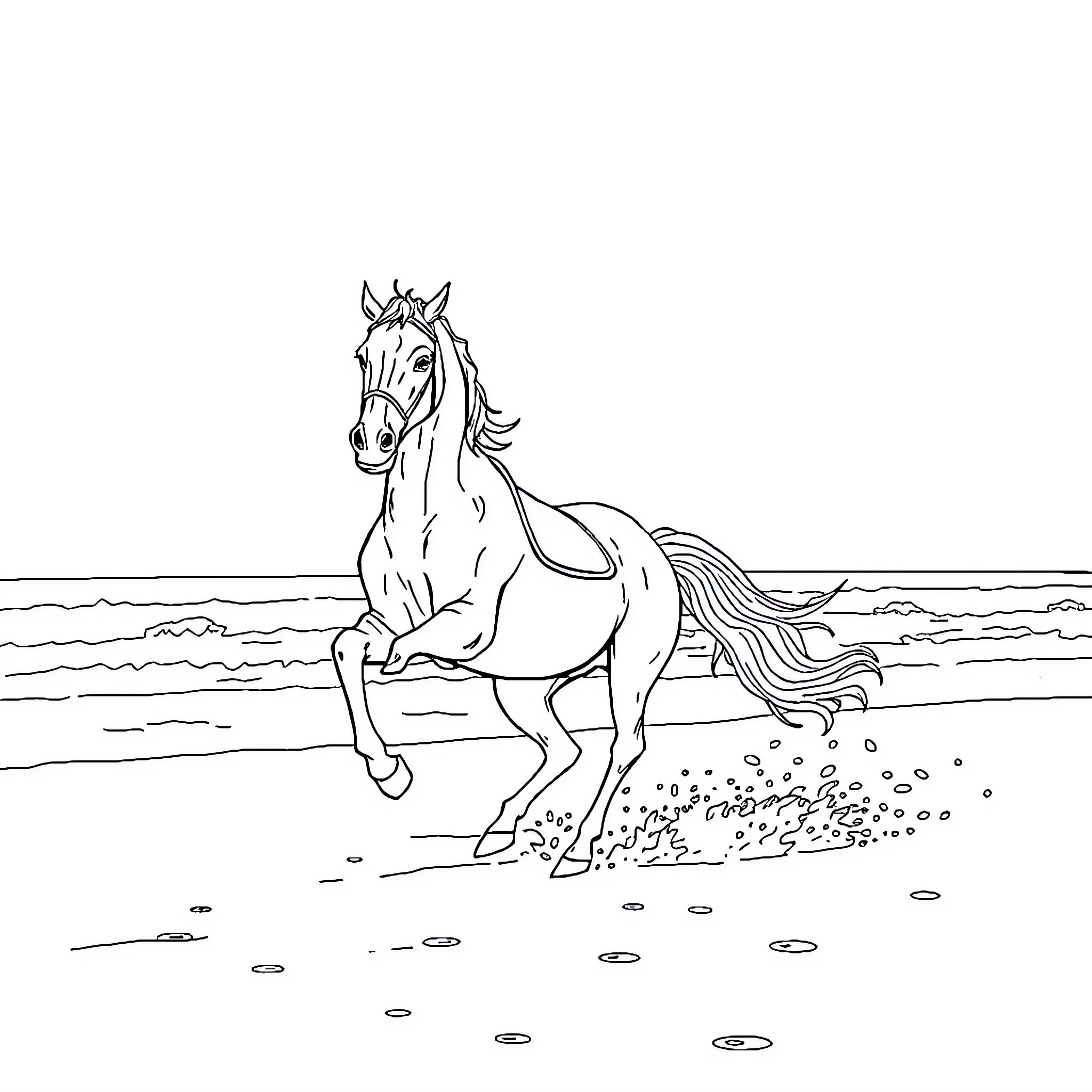Horse running swiftly on the beach Coloring Page (free black-and-white line drawing printable PDF for all, from beginners to advanced learners, including children, teens, adults, and seniors)