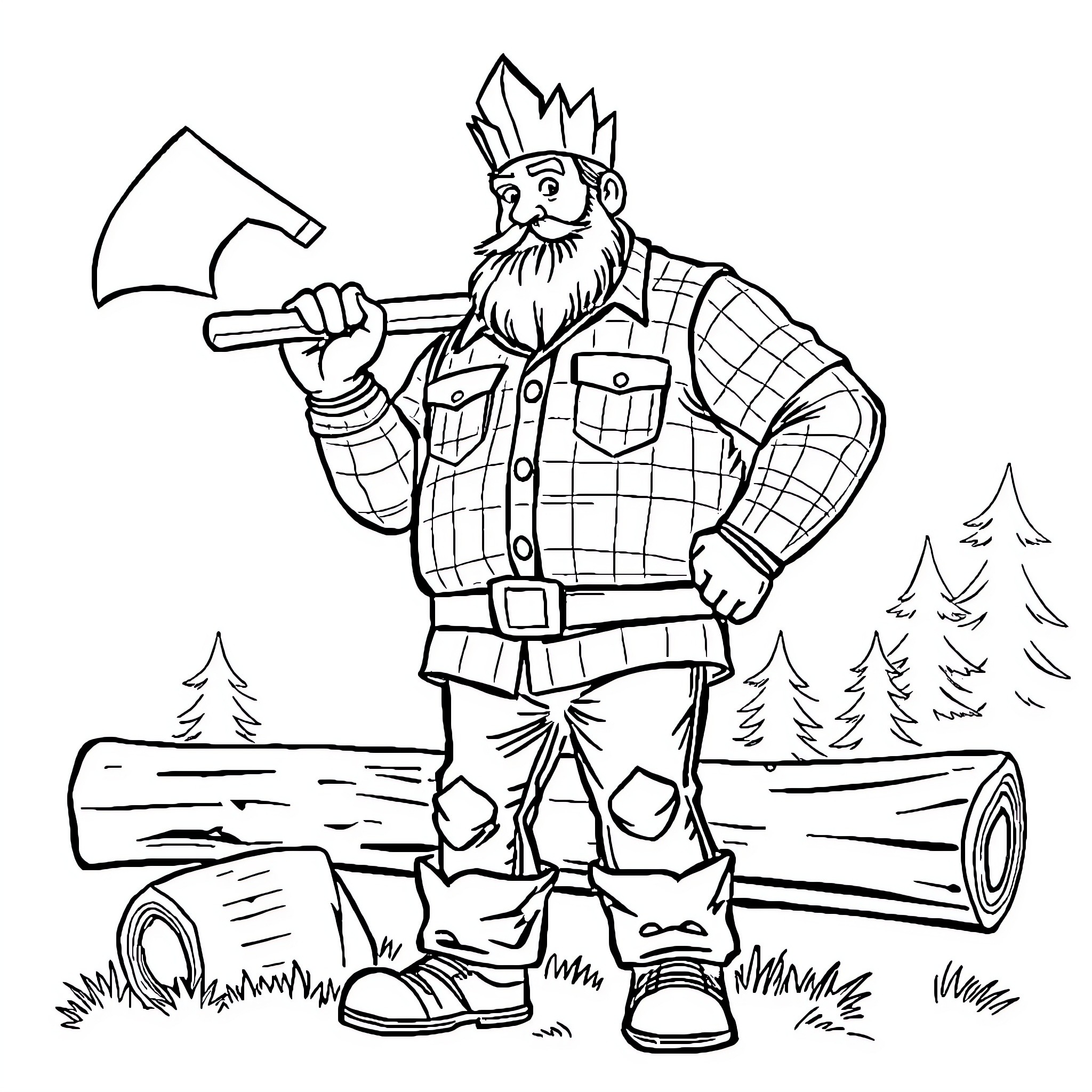 Paul Bunyan wielding an axe in the woods Coloring Page (free black-and-white line drawing printable PDF for all, from beginners to advanced learners, including children, teens, adults, and seniors)