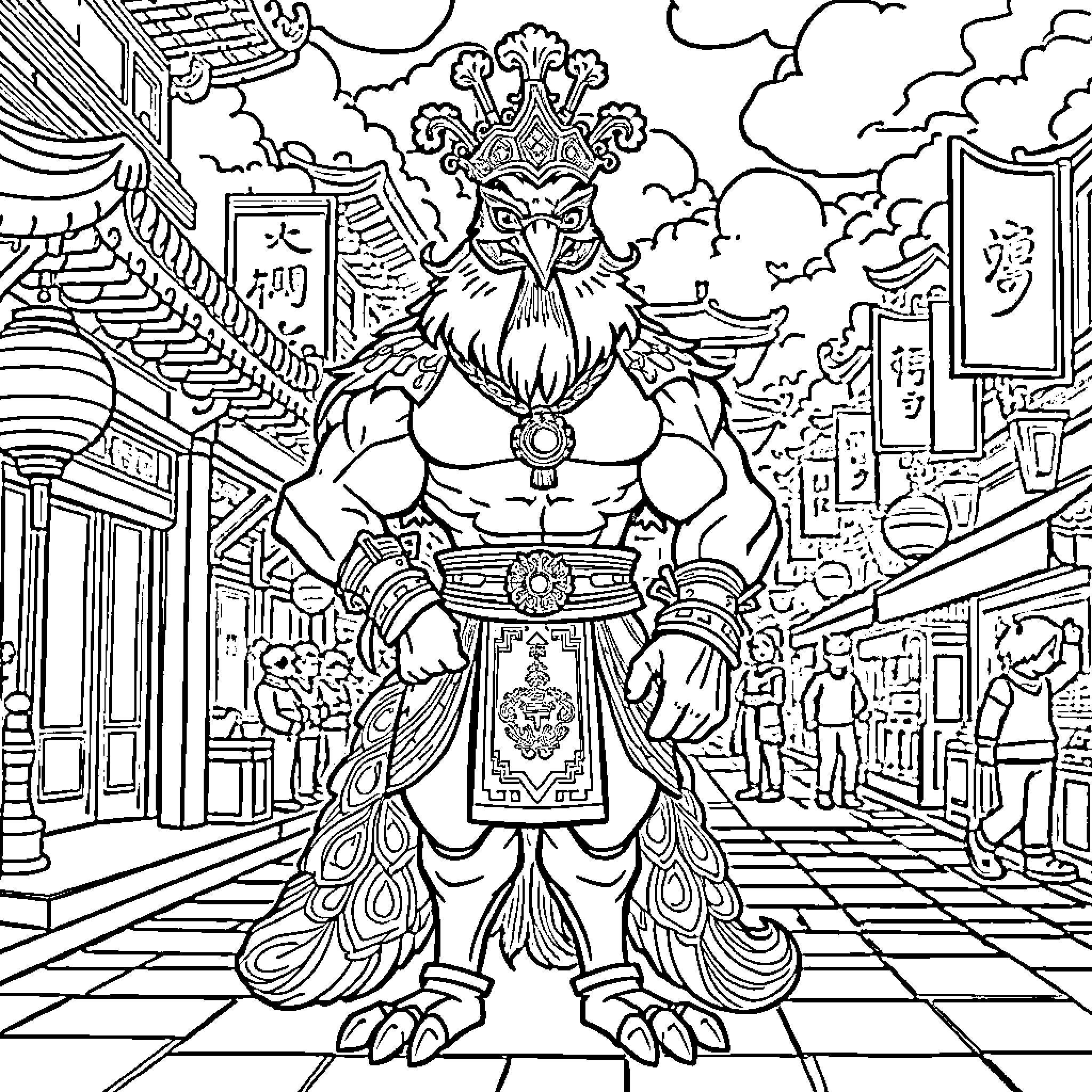Peacock deity presiding over a bustling city street Coloring Page (free black-and-white line drawing printable PDF for all, from beginners to advanced learners, including children, teens, adults, and seniors)