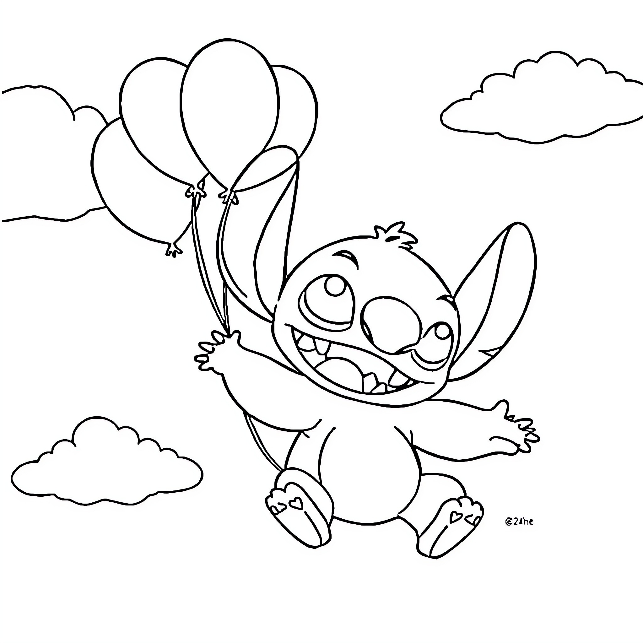 Stitch floating with balloons in the sky Coloring Page (free black-and-white line drawing printable PDF for all, from beginners to advanced learners, including children, teens, adults, and seniors)