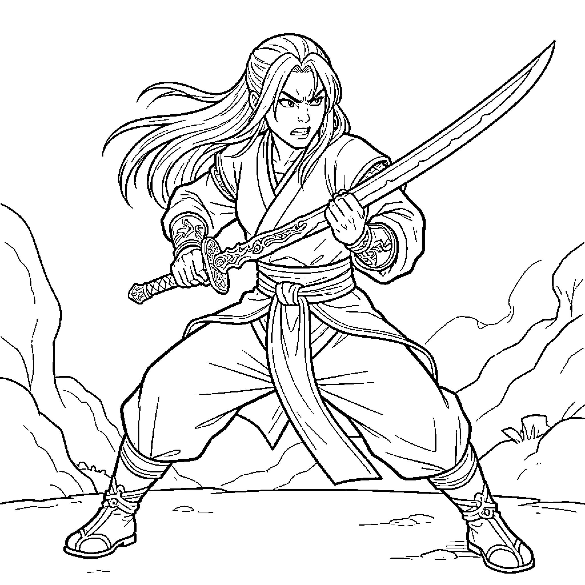 Sword Girl holding a blade with an intense expression Coloring Page (free black-and-white line drawing printable PDF for all, from beginners to advanced learners, including children, teens, adults, and seniors)