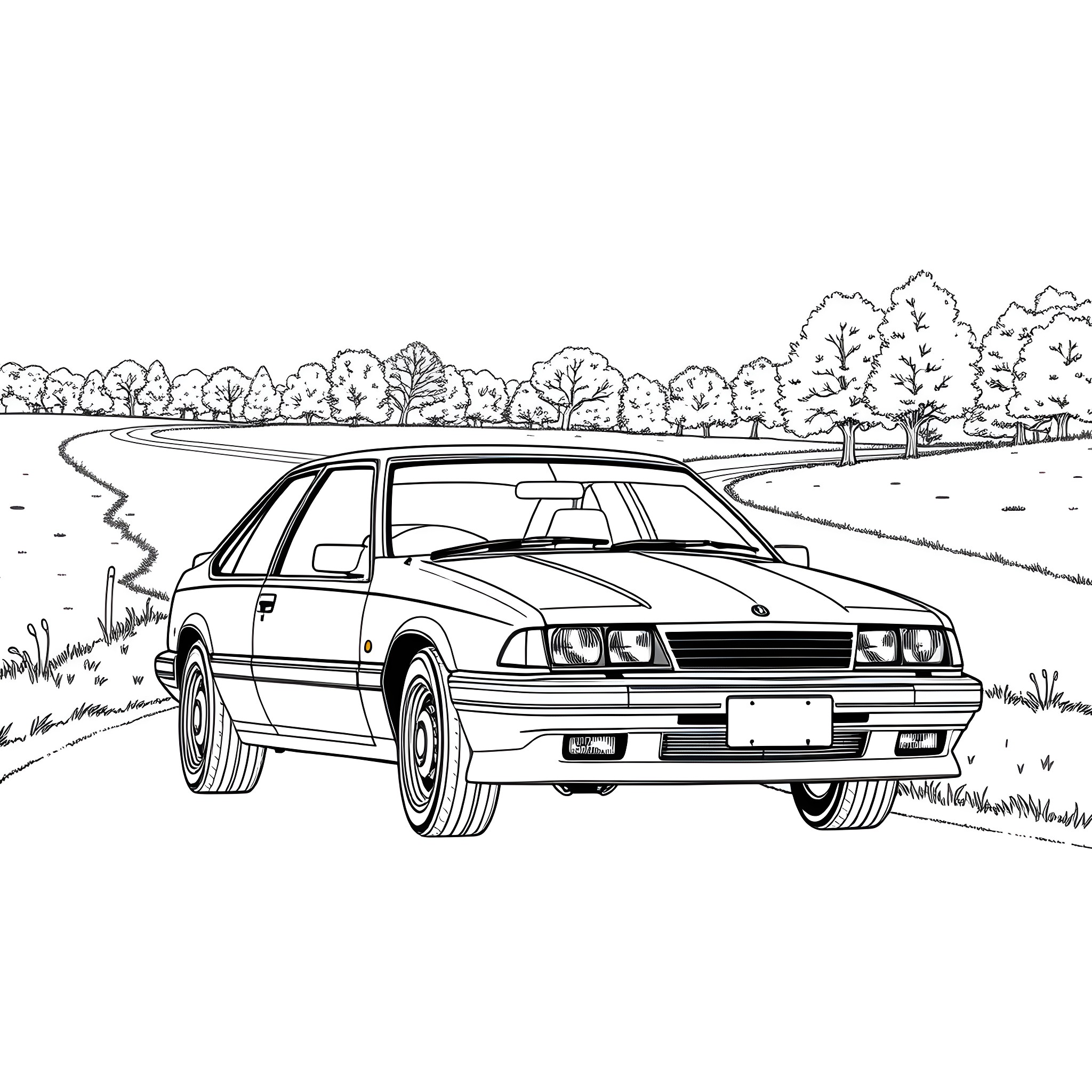 Vz Commodore car in a rural landscape Coloring Page (free black-and-white line drawing printable PDF for all, from beginners to advanced learners, including children, teens, adults, and seniors)