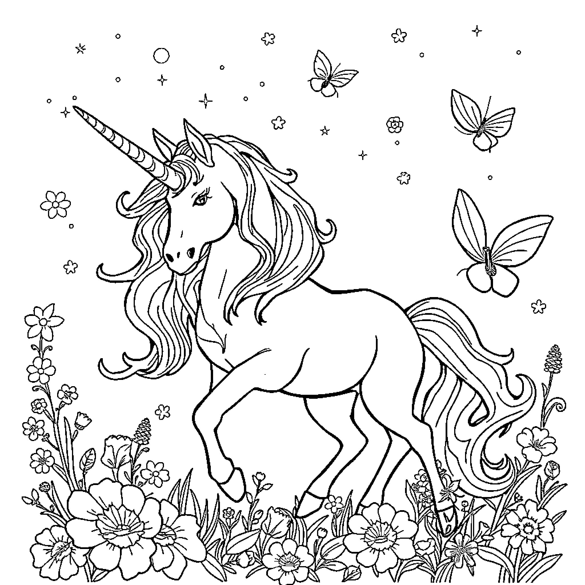 Unicorn standing gracefully among flowers and butterflies Coloring Page (free black-and-white line drawing printable PDF for all, from beginners to advanced learners, including children, teens, adults, and seniors)