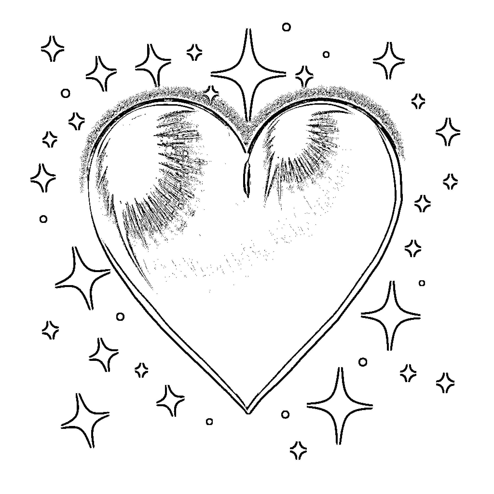 Heart shining with joy and sparkles Coloring Page (free black-and-white line drawing printable PDF for all, from beginners to advanced learners, including children, teens, adults, and seniors)