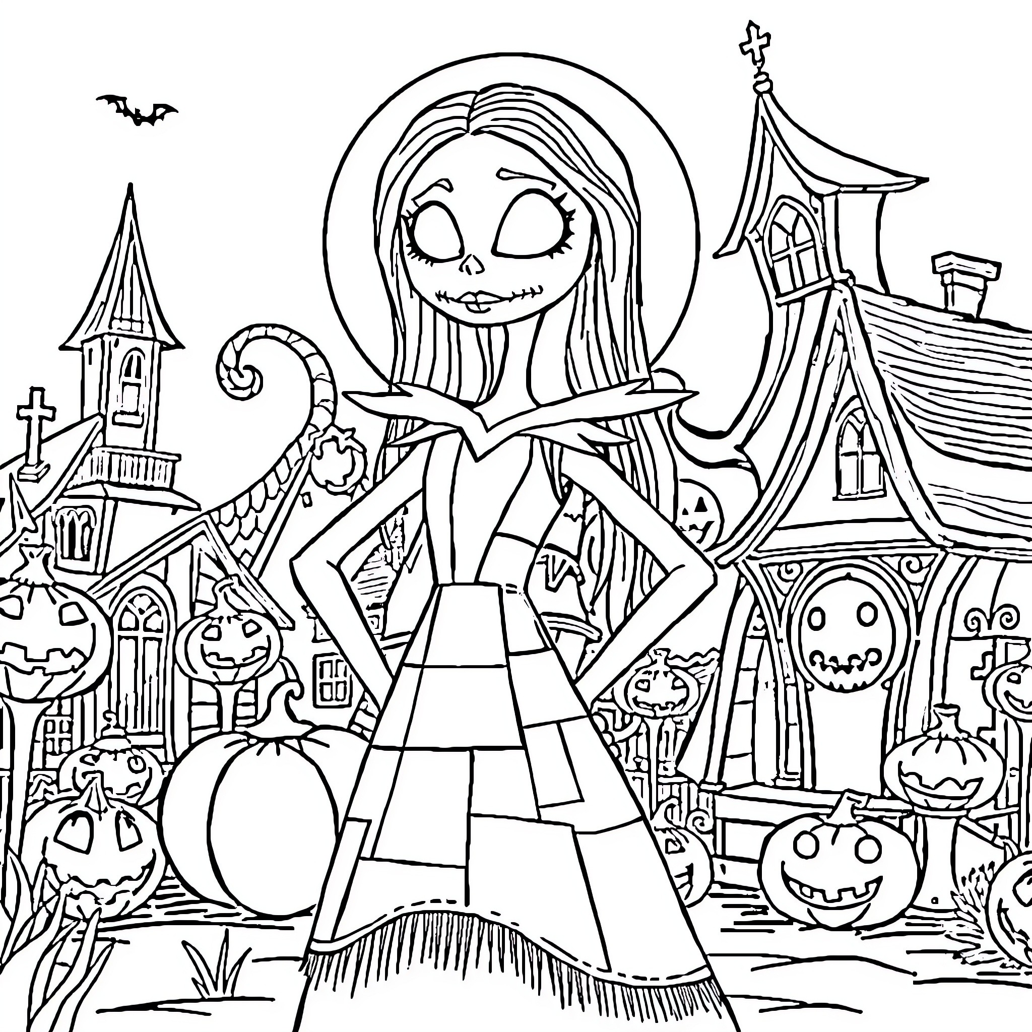 Sally's Haunting Halloween Adventure Coloring Page (free black-and-white line drawing printable PDF for all, from beginners to advanced learners, including children, teens, adults, and seniors)
