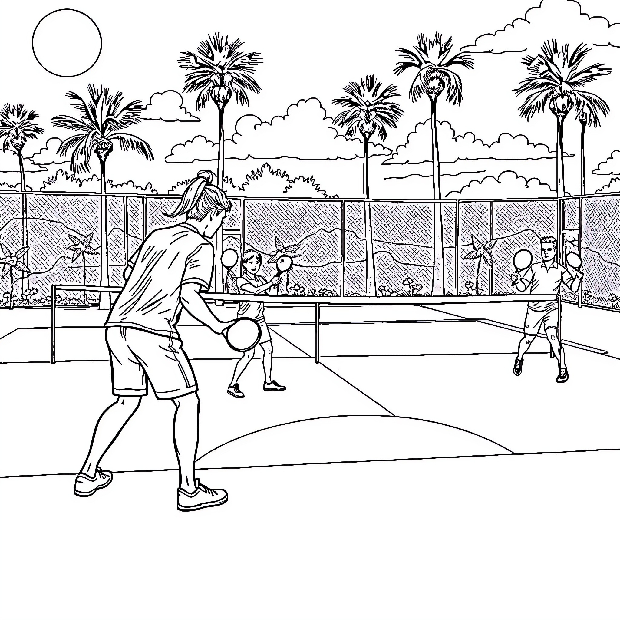 IT Professional Playing Tennis with Friends on Beach Coloring Page (free black-and-white line drawing printable PDF for all, from beginners to advanced learners, including children, teens, adults, and seniors)
