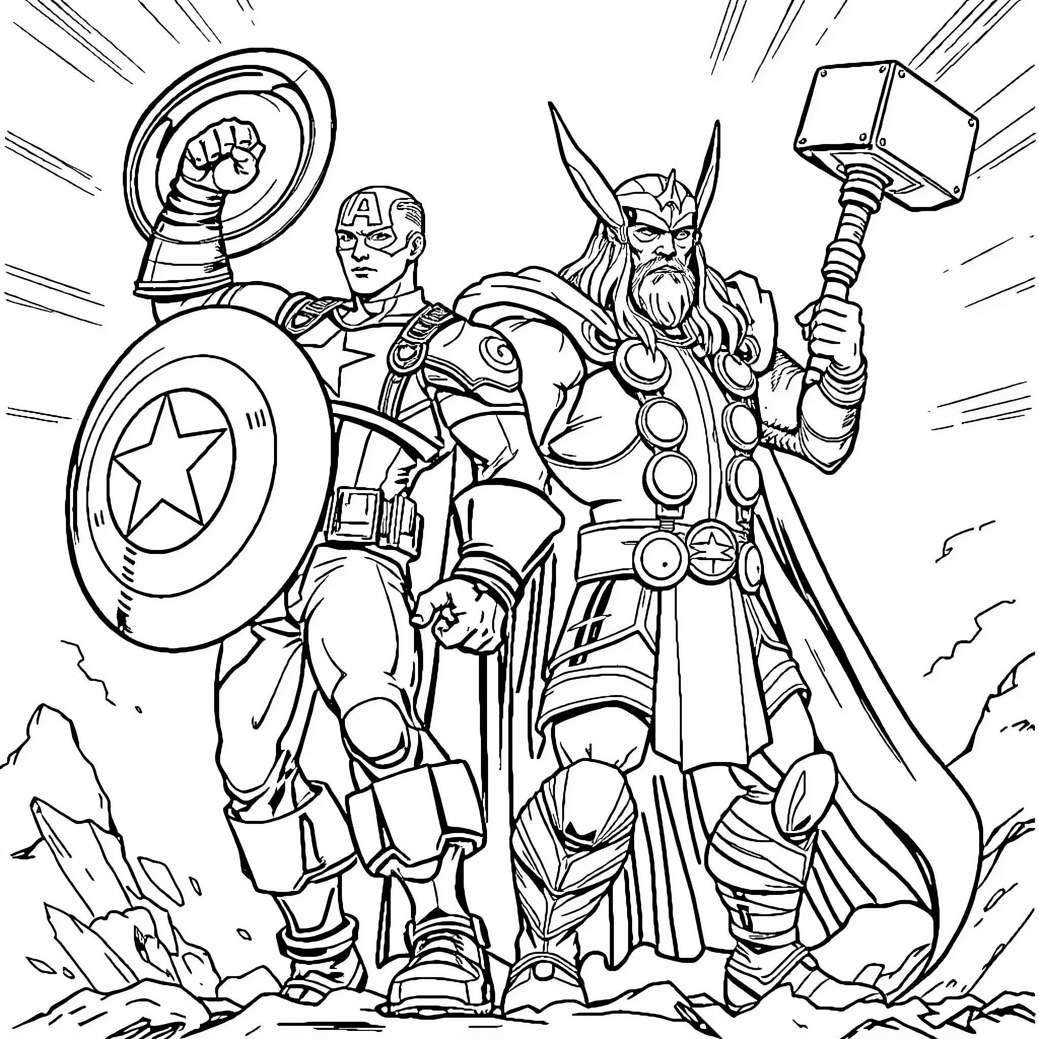 Captain America and Thor in action poses Coloring Page (free black-and-white line drawing printable PDF for all, from beginners to advanced learners, including children, teens, adults, and seniors)