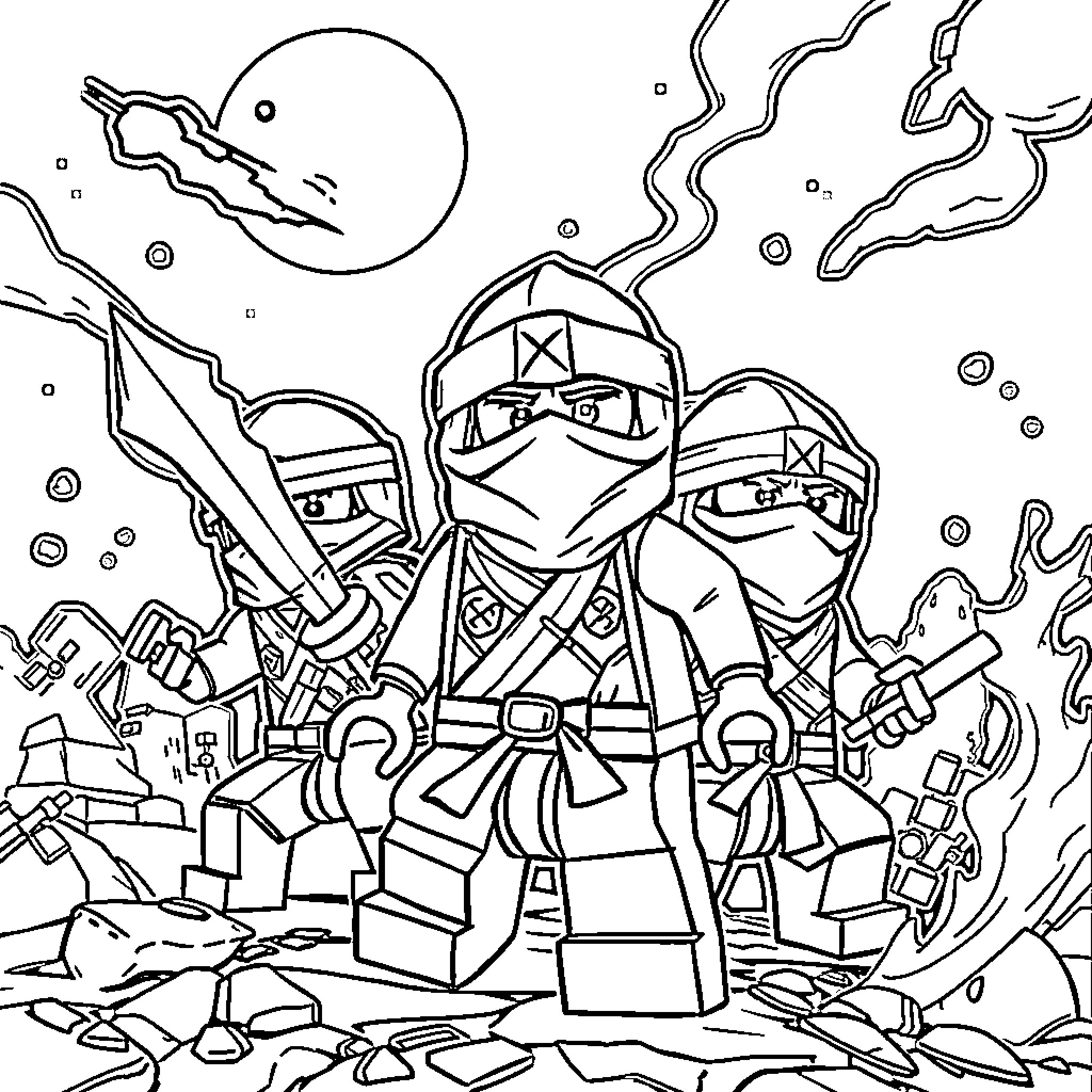 Ninjago Ninjas in Action on a Ruined Landscape Coloring Page (free black-and-white line drawing printable PDF for all, from beginners to advanced learners, including children, teens, adults, and seniors)
